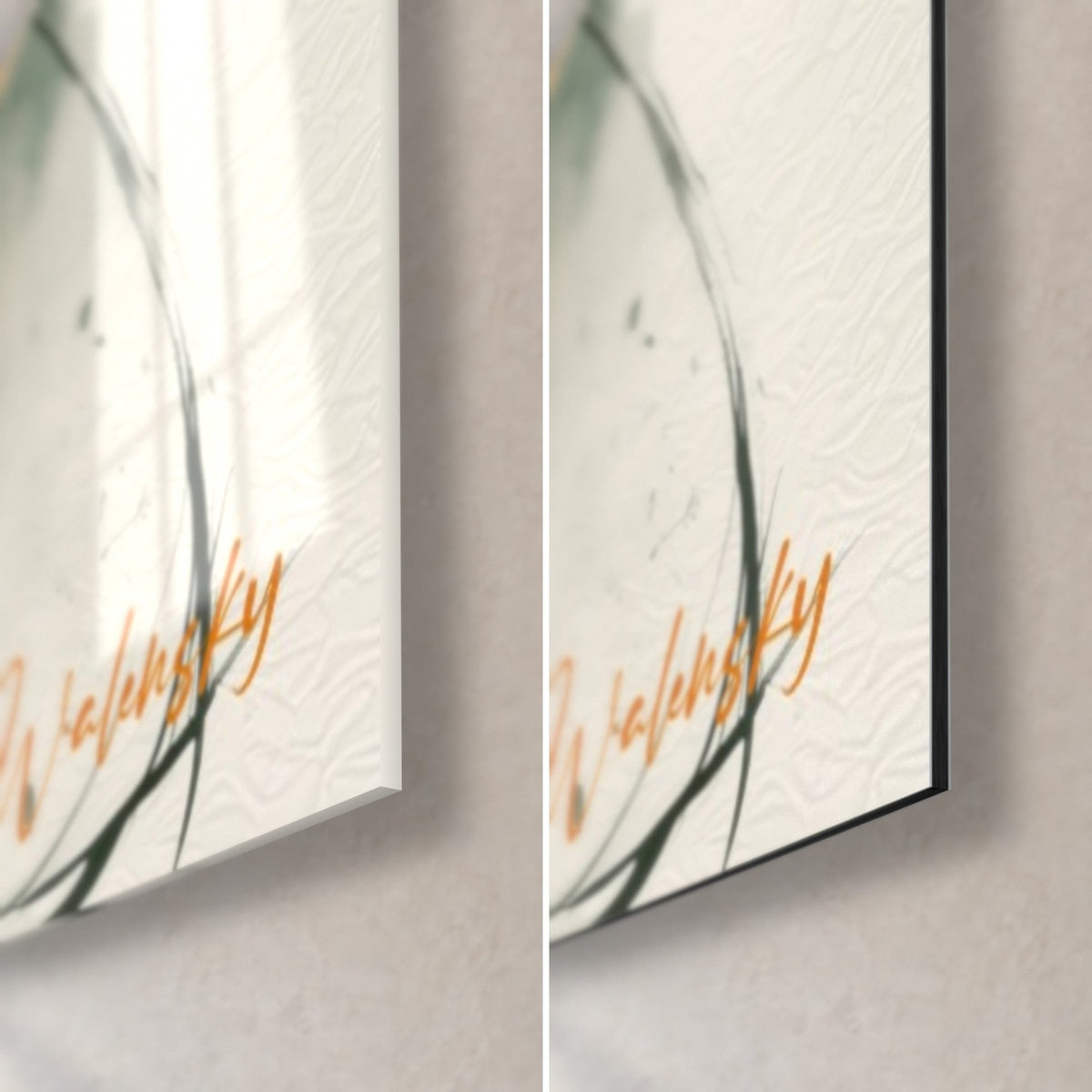Tableau couple maquillé en calavera, coin bas droit : verre brillant et Dibond mat, signature orange, tranche de 3 mm, vert sauge