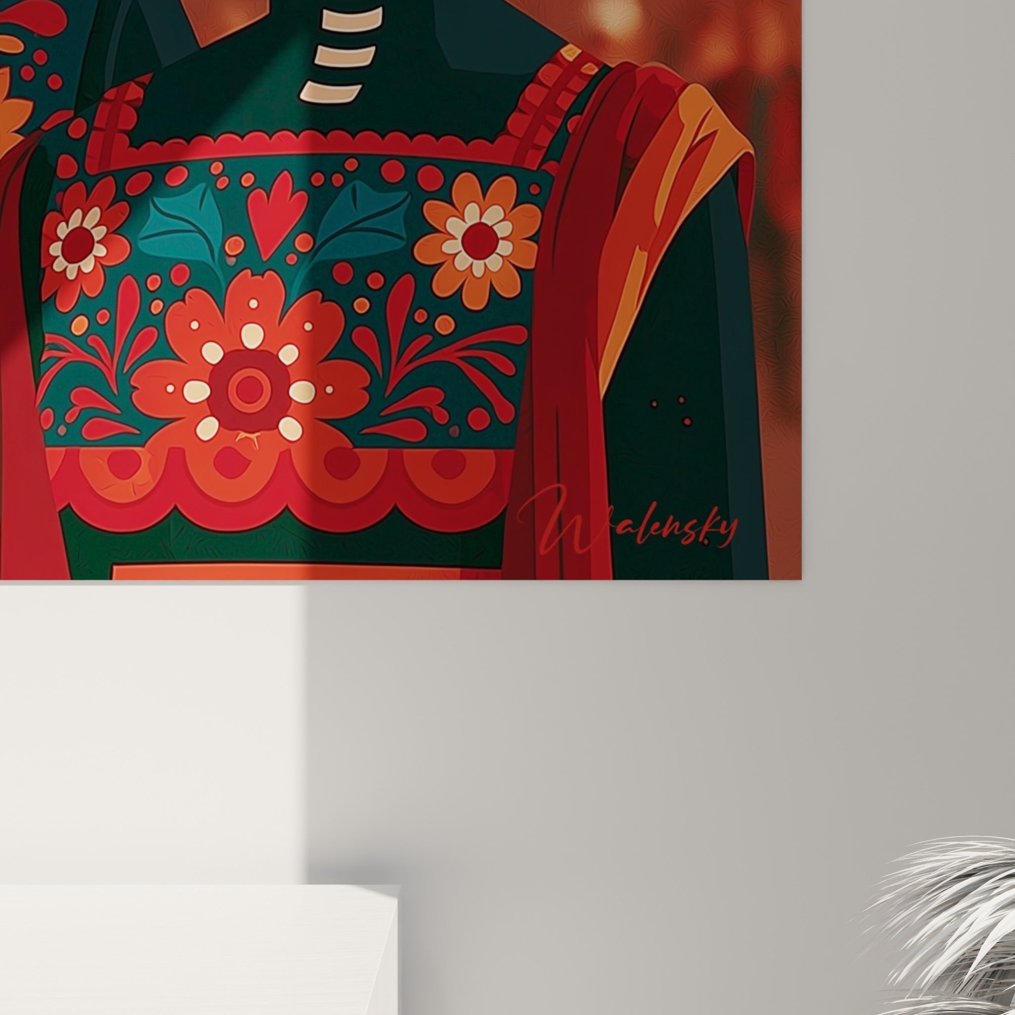 Détail des empâtements colorés sur les fleurs orangées et les motifs brodés turquoise de ce tableau Dia de los Muertos