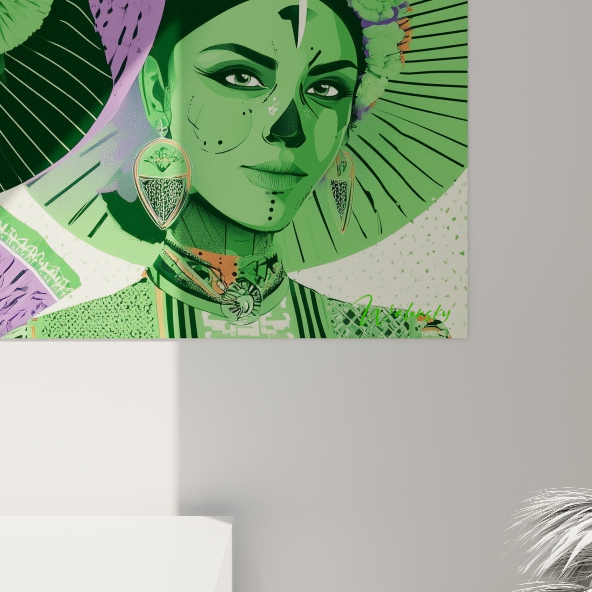 Détail du grain de l'impression Dia de los Muertos, aplats verts et violets, contours nets des crânes peints