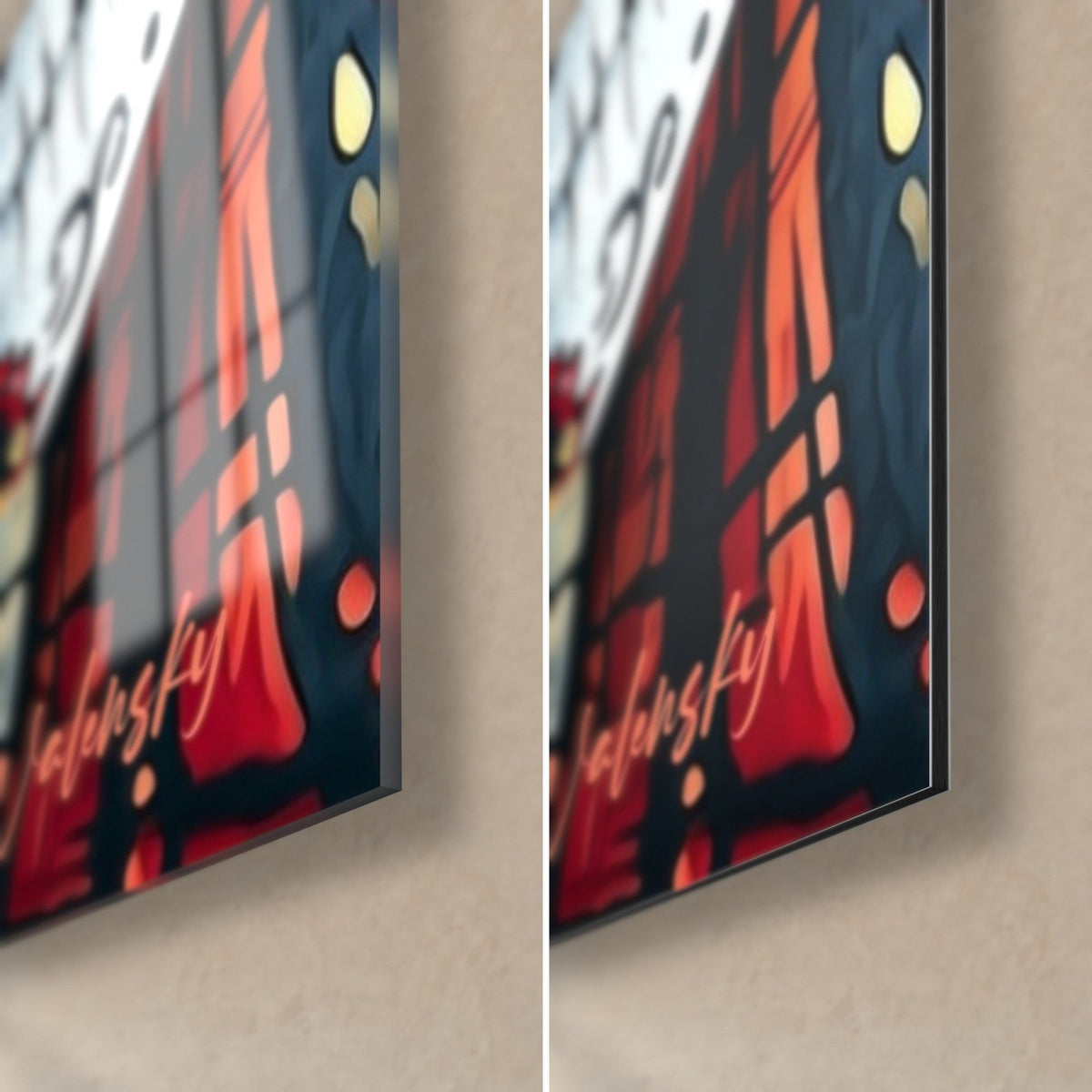 Tableau visage squelette peint, coin bas droit : reflets du verre acrylique brillant, Dibond mat noir et rouge, tranche de 3 mm