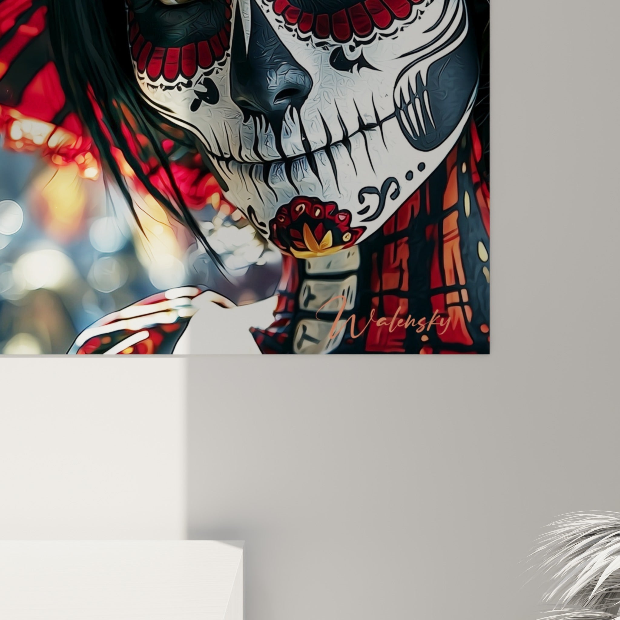 Détail du grain photographique révélant les nuances rouge et doré des maquillages Dia de los Muertos