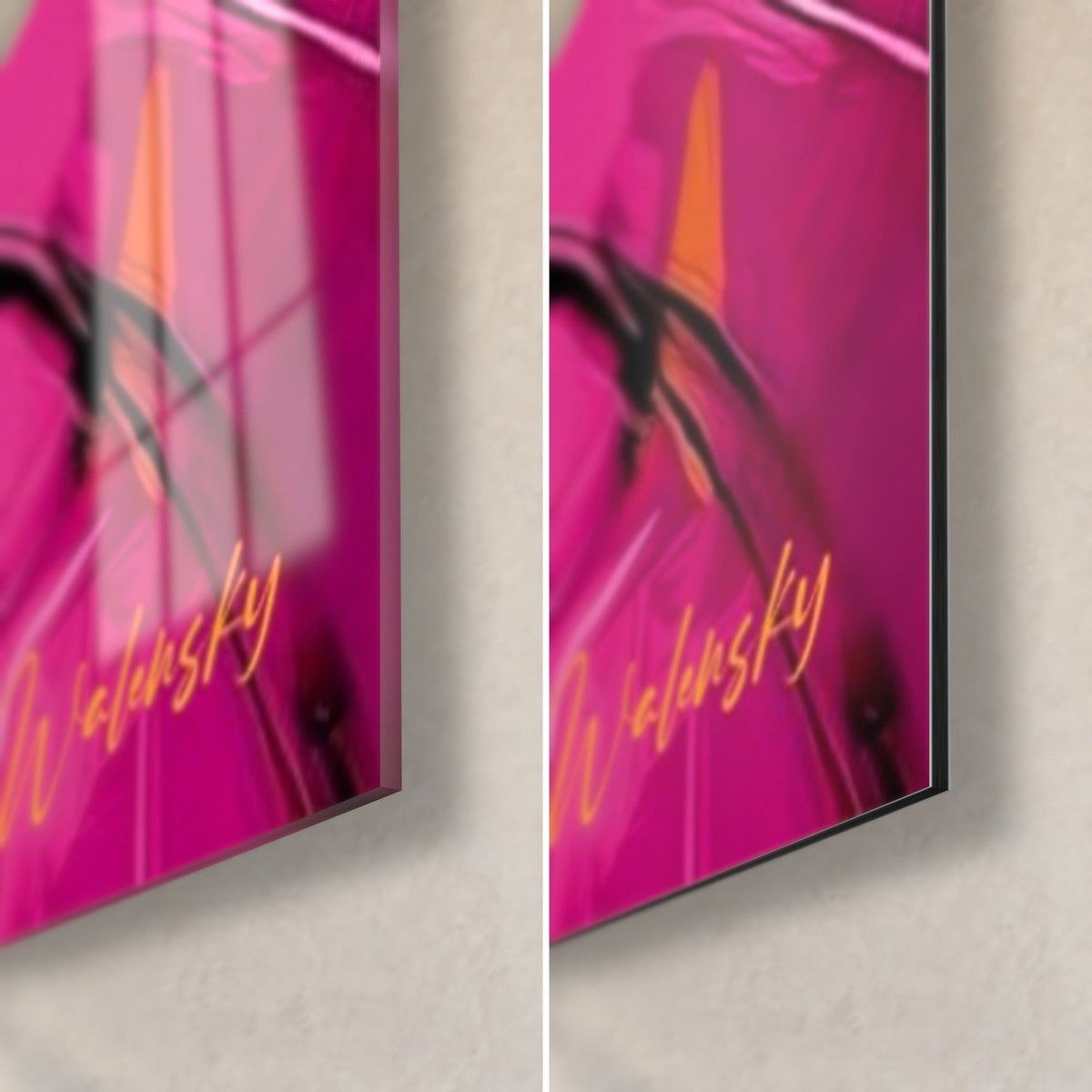 Tableau squelette fardé en rose fuchsia, coin bas droit : verre acrylique brillant et reflets à gauche, alu Dibond mat noir à droite, tranche de 3 mm