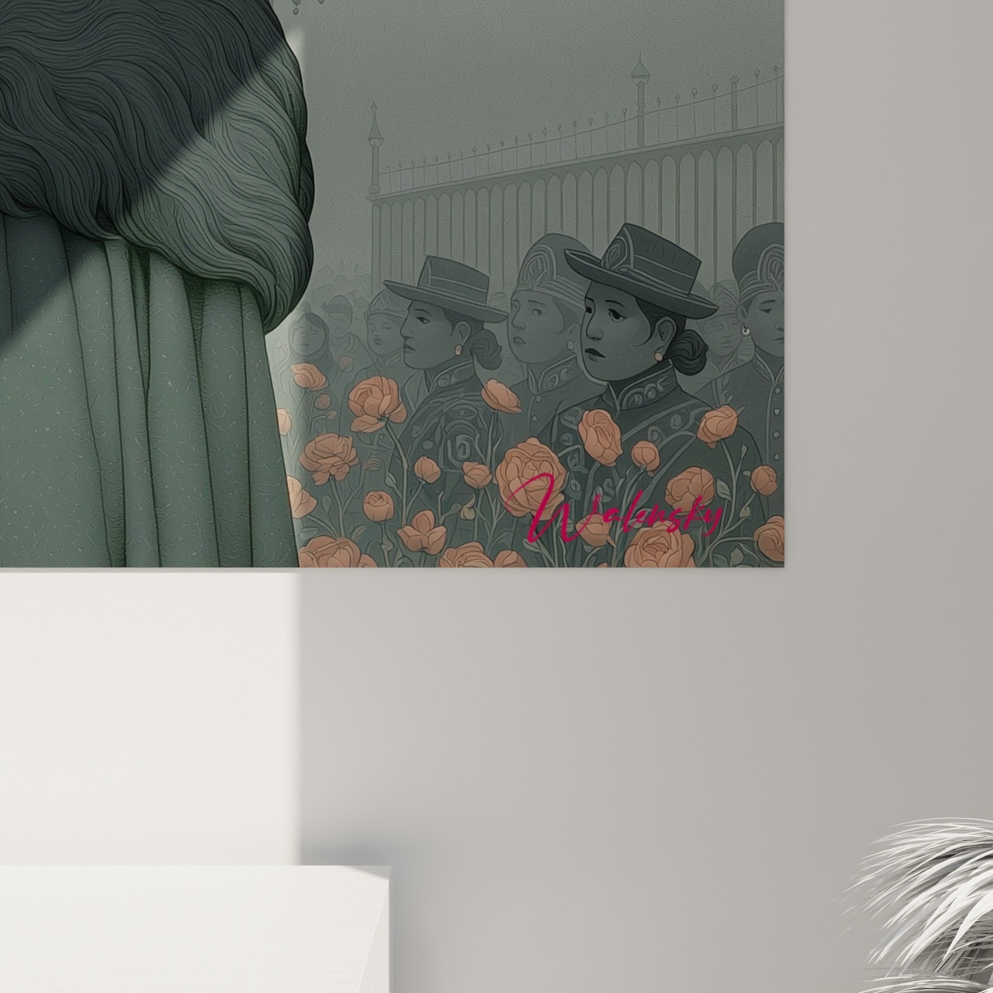 Détail du masque peint gris et des roses corail texturées de ce tableau Dia de los Muertos accroché au mur