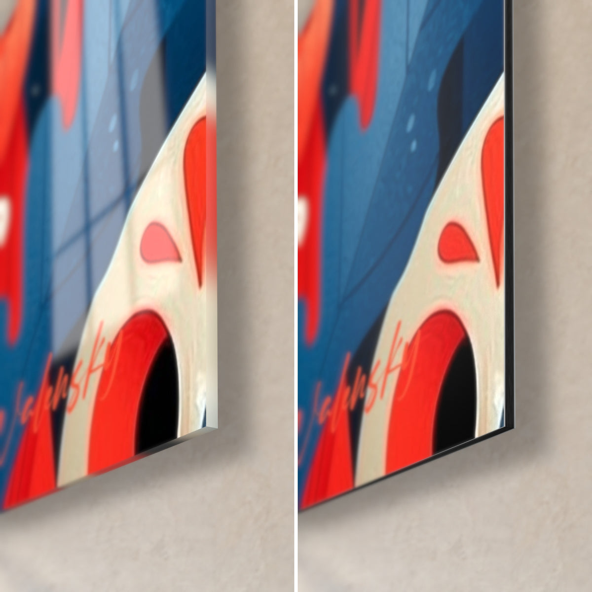 Schilderij suikerschedel in ivoor met rode ogen, rechtsonder: glanzend acrylglas links, mat Dibond rechts