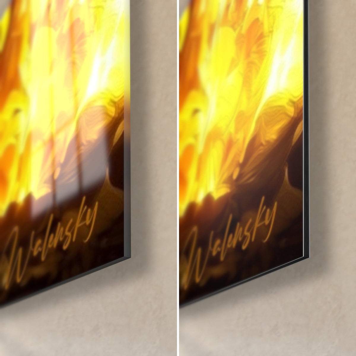 Schilderij met gloeiende schedels, rechtsonder: glanzend acrylglas links met reflecties, mat Dibond-aluminium rechts, gele vlammen en 3 mm rand