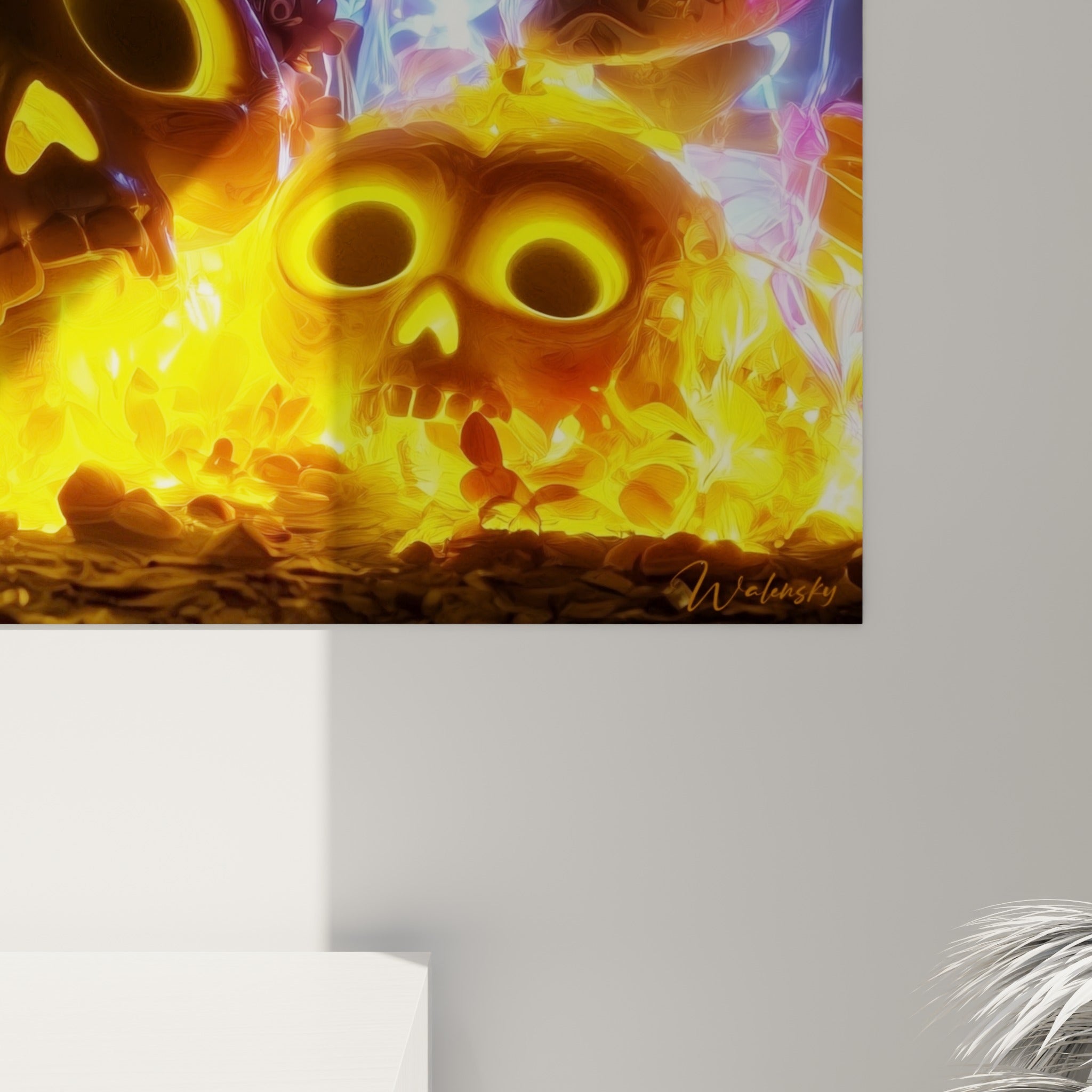 Détail des orbites dorées et flammes orangées du tableau Dia de los Muertos, texture numérique fine