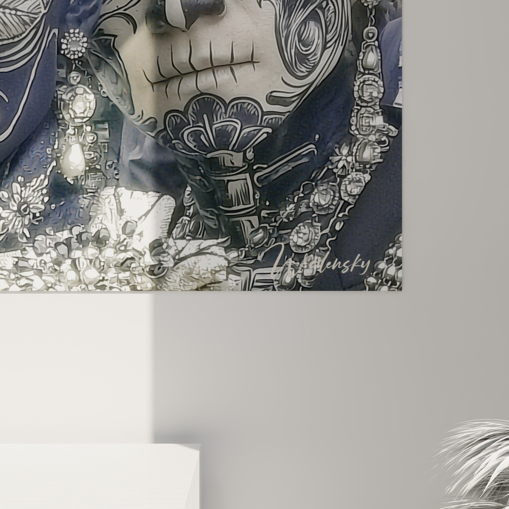 Détail rapproché du tableau Dia de los Muertos révélant le grain bleu marine et les touches argentées peintes