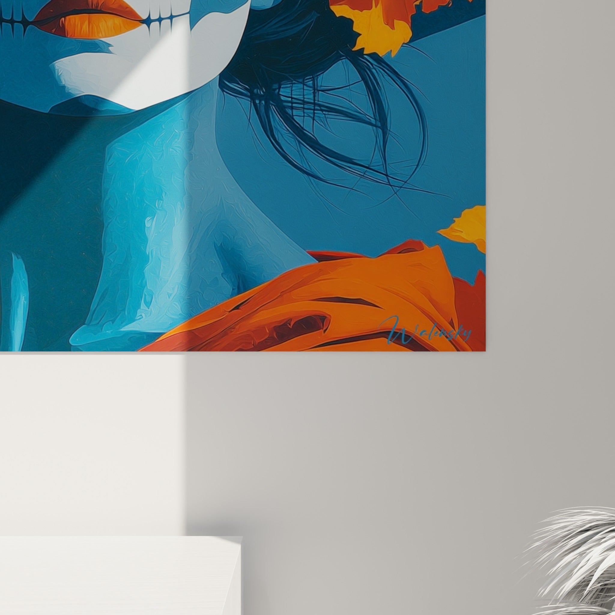 Détail du grain peint sur ce tableau Dia de los Muertos, nuances bleu marine et orange se mêlant sur la toile