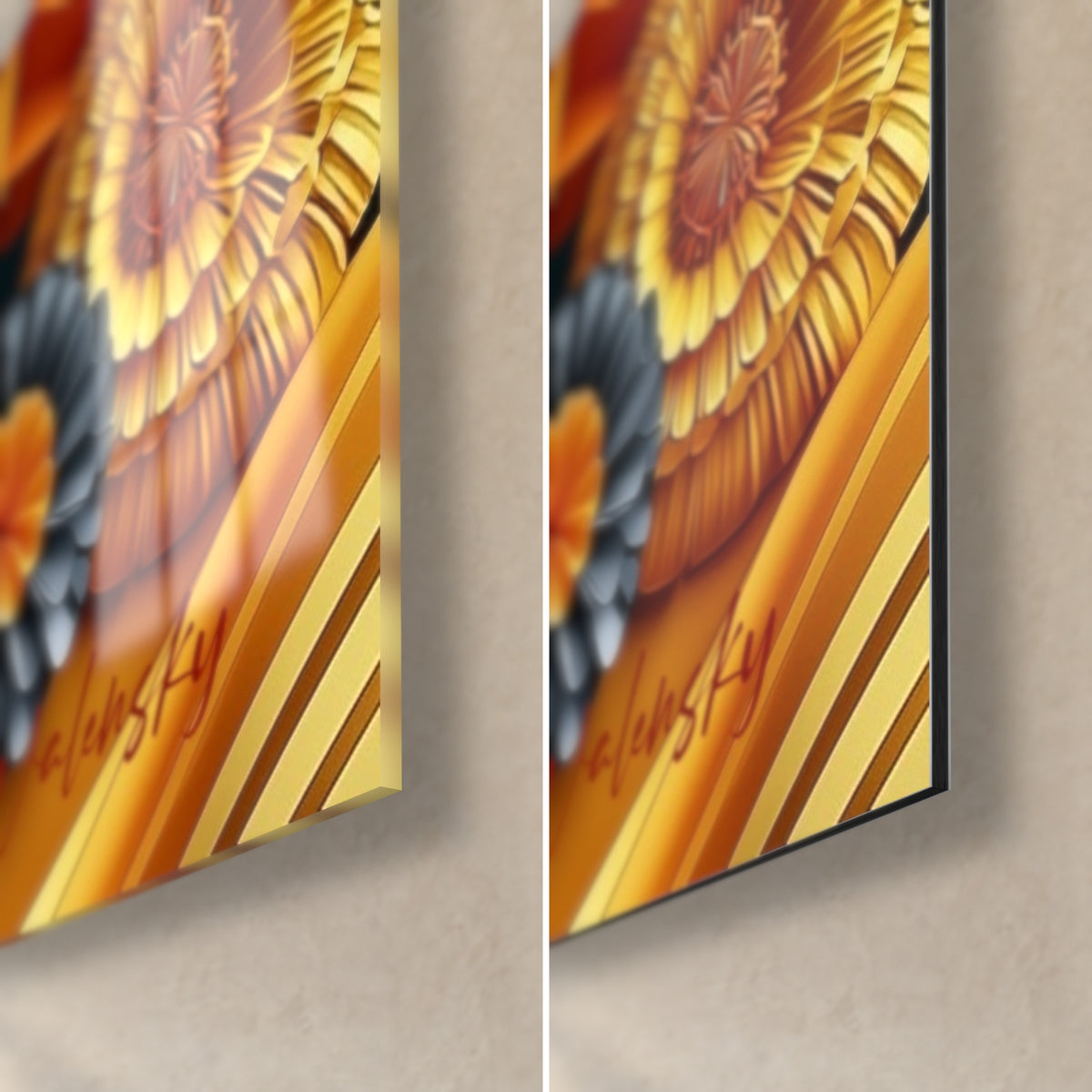 Gemälde Totenköpfe mit gefalteten orangefarbenen und goldenen Rosetten, untere rechte Ecke: glänzendes Acrylglas links, mattes Dibond rechts, 3 mm Kante