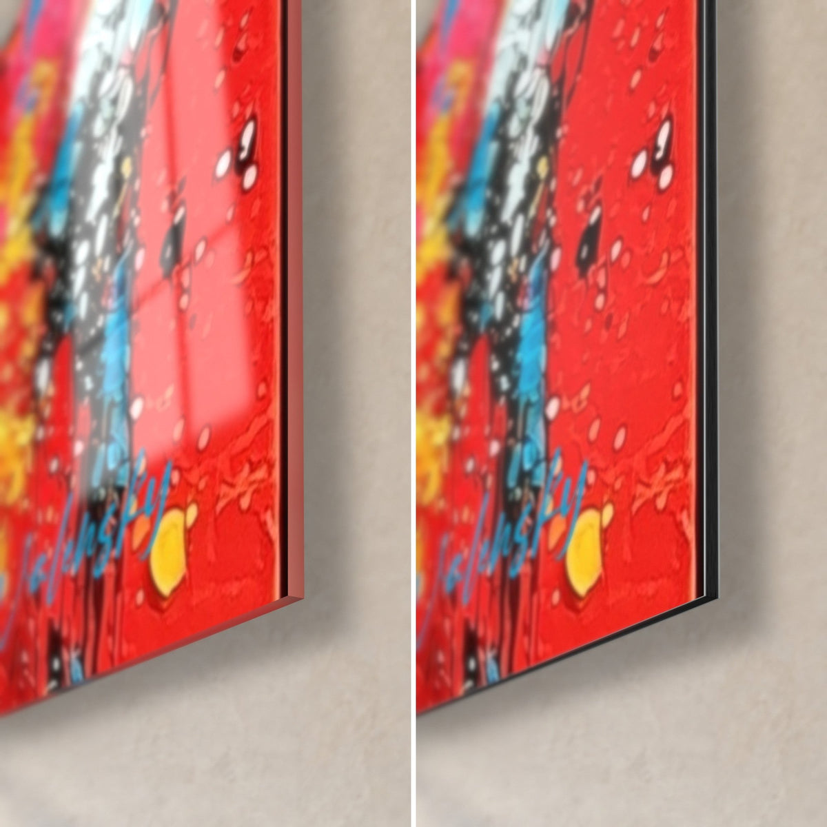 Cuadro esqueletos alegres, esquina inferior derecha: pintura roja y amarilla, borde negro de 3 mm, cristal brillante y Dibond mate