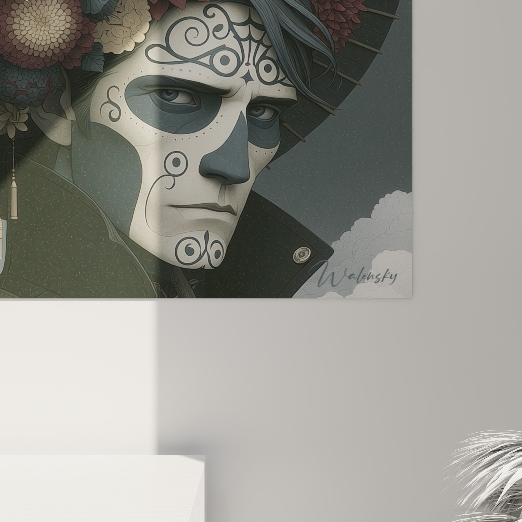 Motifs dentelés dorés et pétales ivoire du tableau Dia de los Muertos révélant le grain fin de l'impression