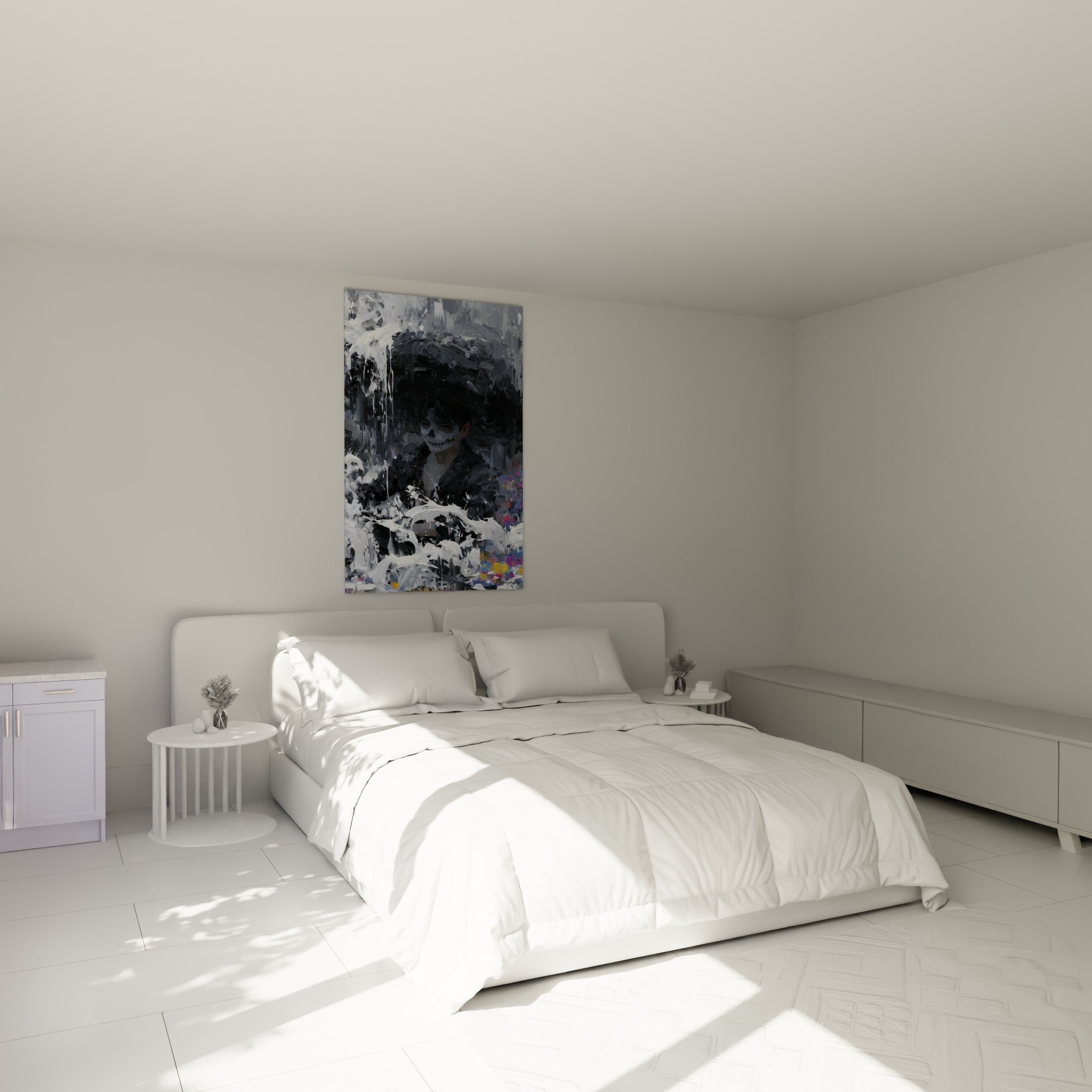 Portrait Dia de los Muertos noir et blanc au-dessus d'un lit dans une chambre claire, touches pastel discrètes