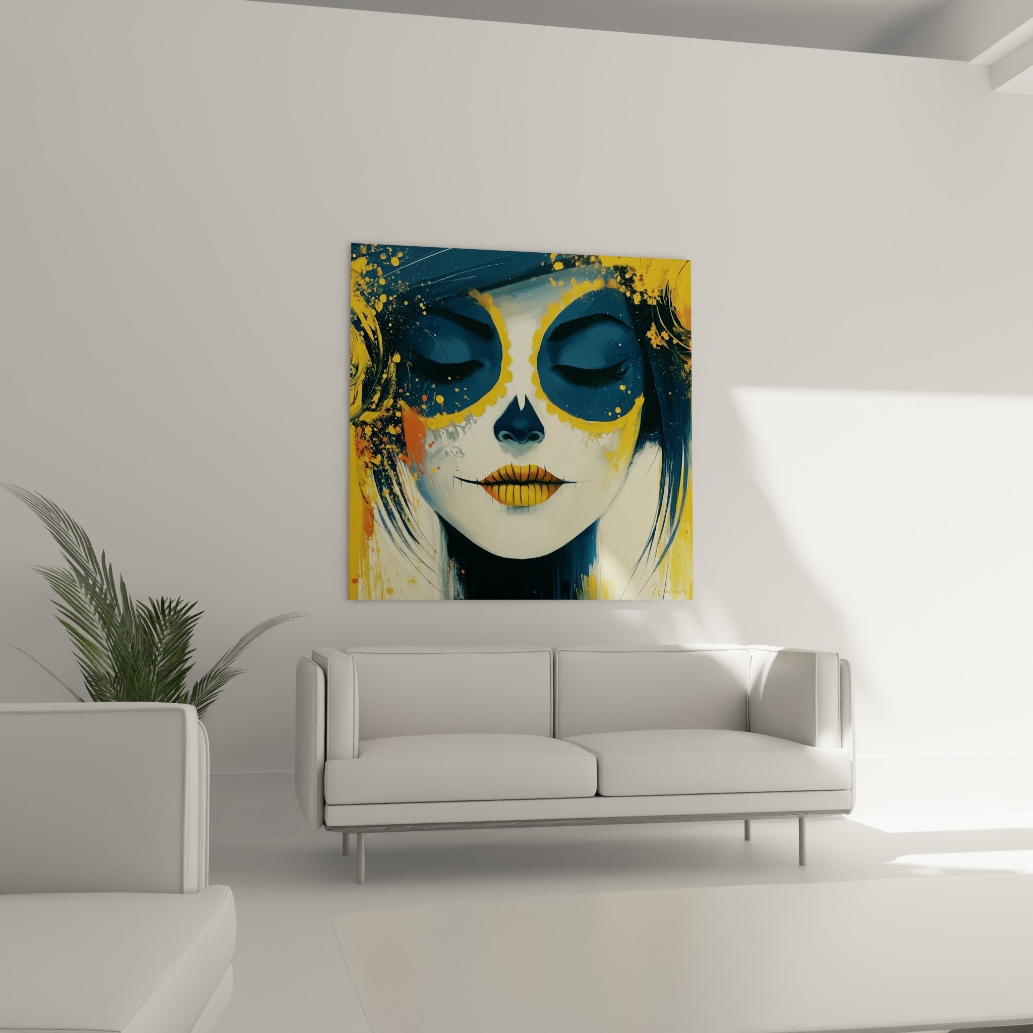 Masque Dia de los Muertos orné de doré et de bleu profond, suspendu au-dessus d'un canapé dans un salon lumineux