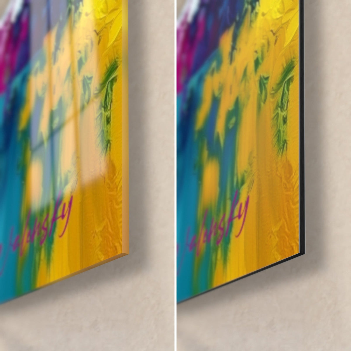 Tableau crânes bleus et orangés peints, coin bas droit : verre acrylique brillant à gauche, alu Dibond noir mat à droite, signature rose