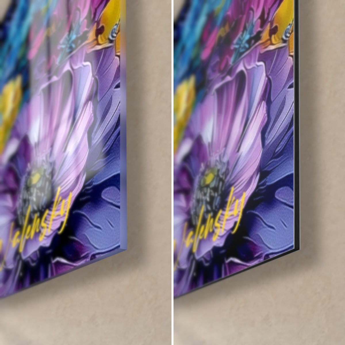 Wall art floral skulls, bottom right corner: purple and yellow petals on glossy glass on the left, matte Dibond aluminium on the right, 3 mm edge