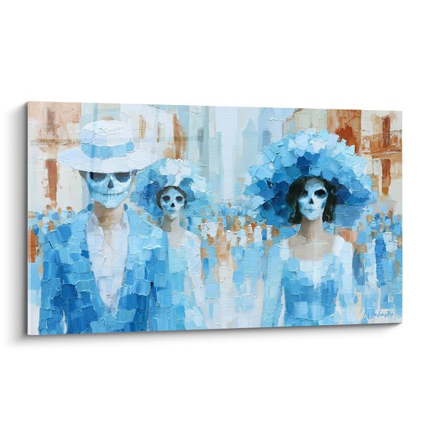 Skeleton Family Blue and White Crowd Painting - Striped Boater Hat - Dia de los Muertos Edition