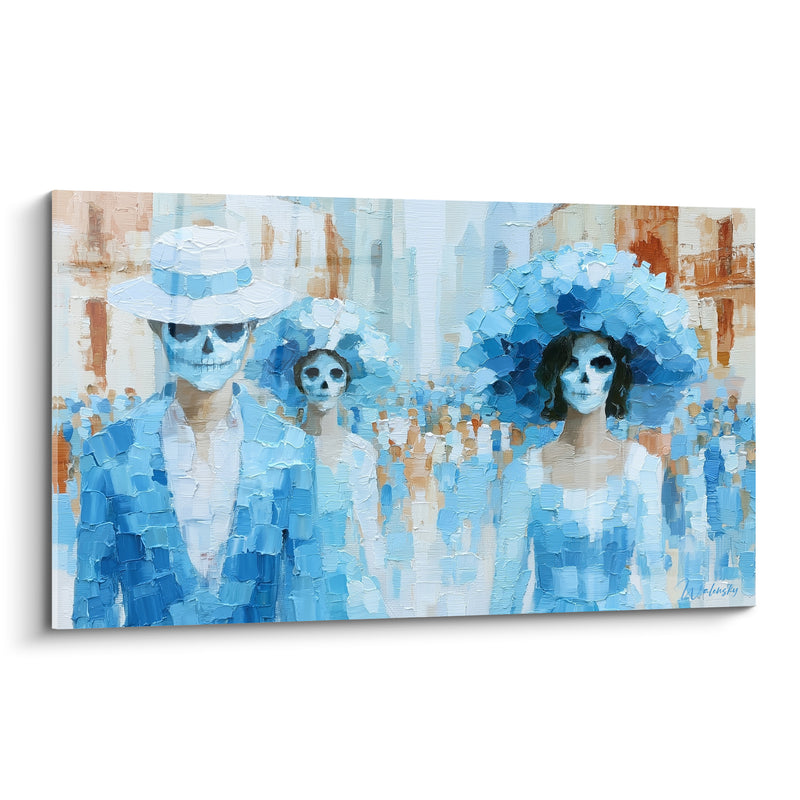 Tableau Famille squelette bleu et blanc en foule - Chapeau canotier rayé - Edition Dia de los Muertos