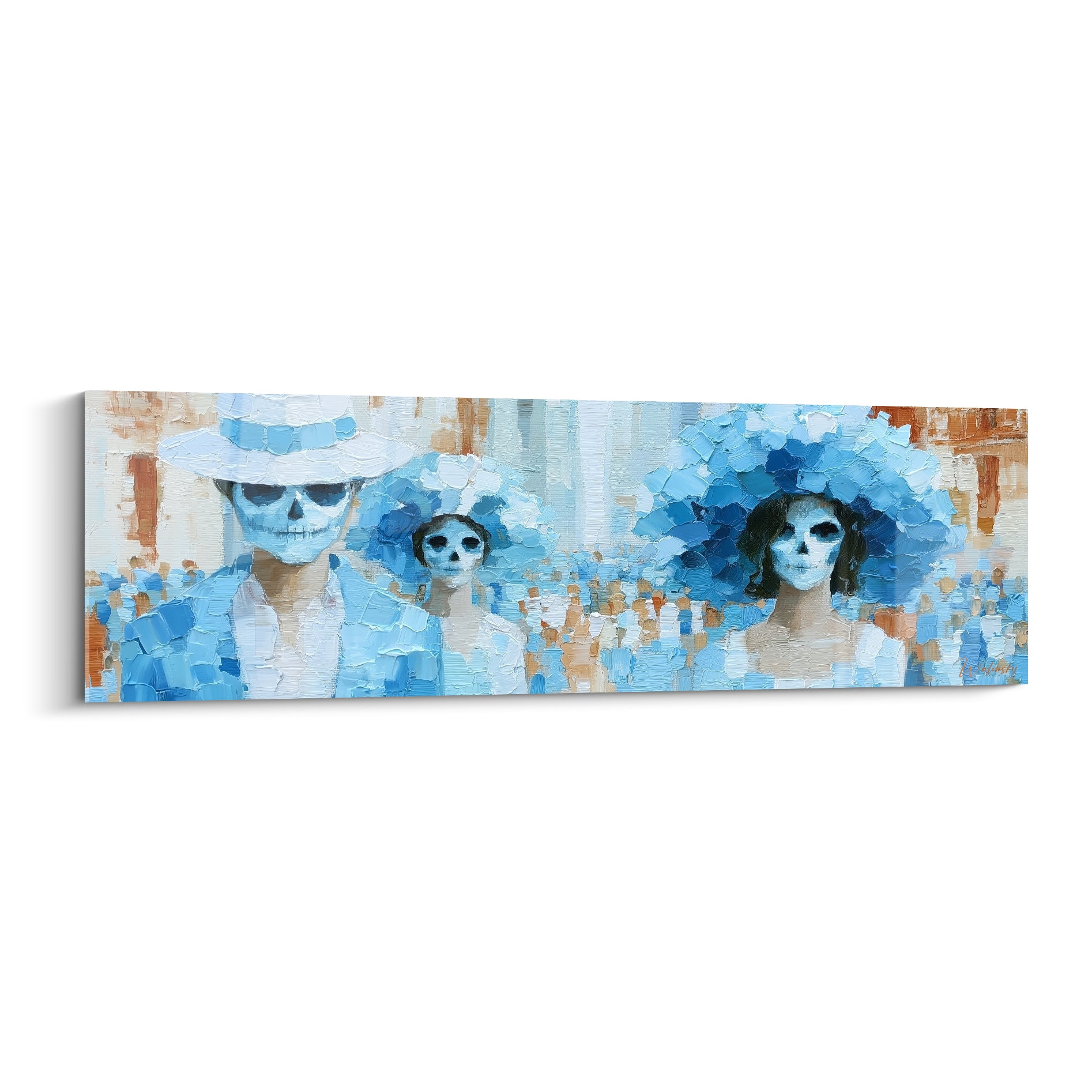 Famille aux crânes bleu pastel et blanc, chapeaux fleuris, peinture au couteau du Dia de los Muertos