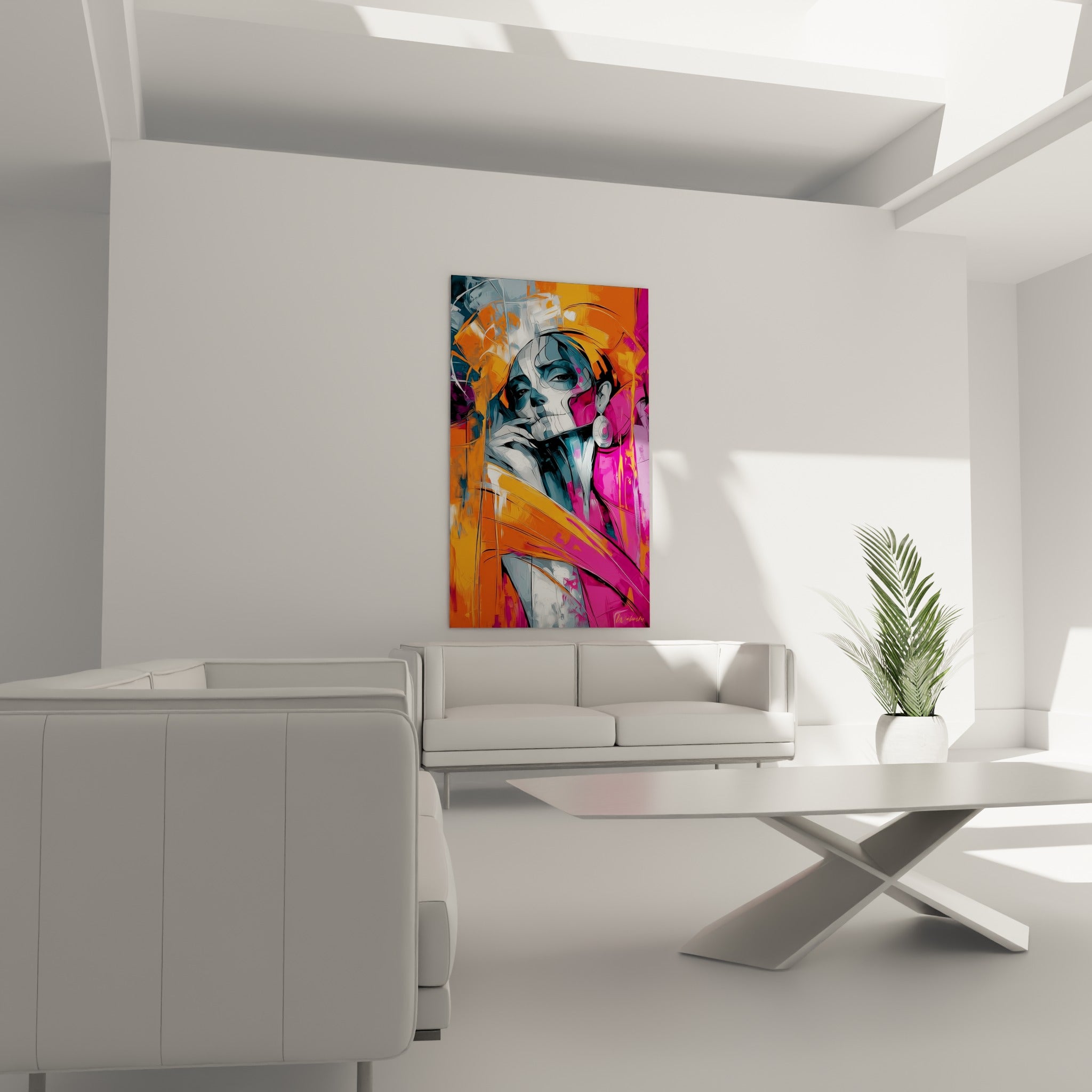 Figure Dia de los Muertos fuchsia et orange, regard baissé, au-dessus d'un canapé dans un salon lumineux