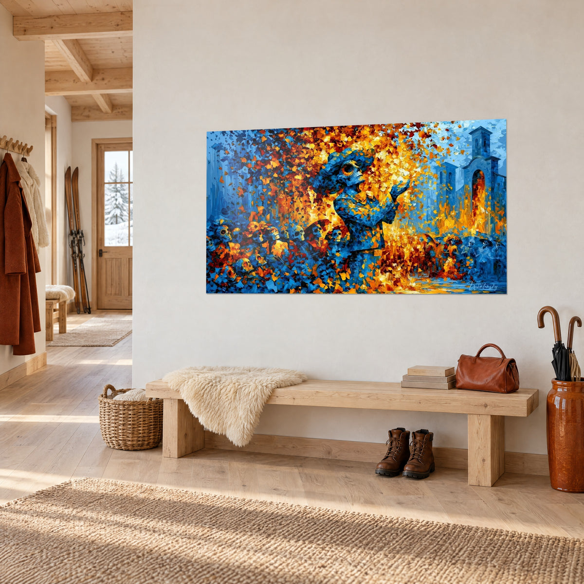 Wall art calavera wearing a cobalt hat, shower of orange petals, blue bell tower on the left, three-quarter view of a chalet wall