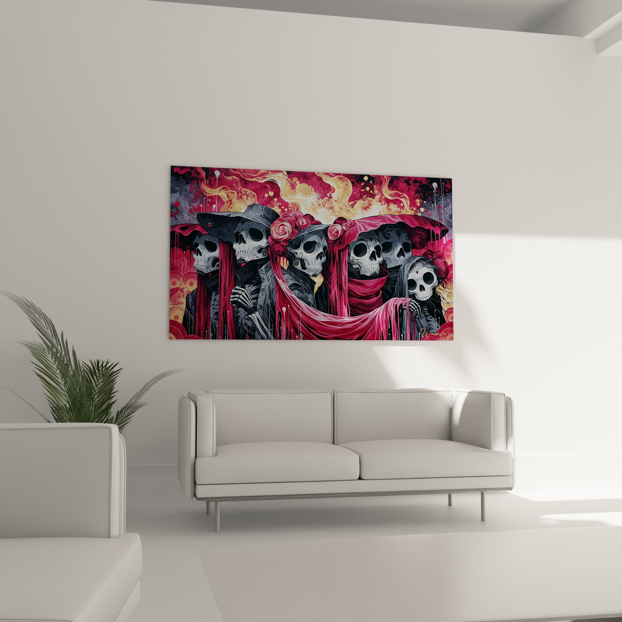 Squelettes Dia de los Muertos parés de roses et voiles pourpres au-dessus d'un canapé dans un salon lumineux