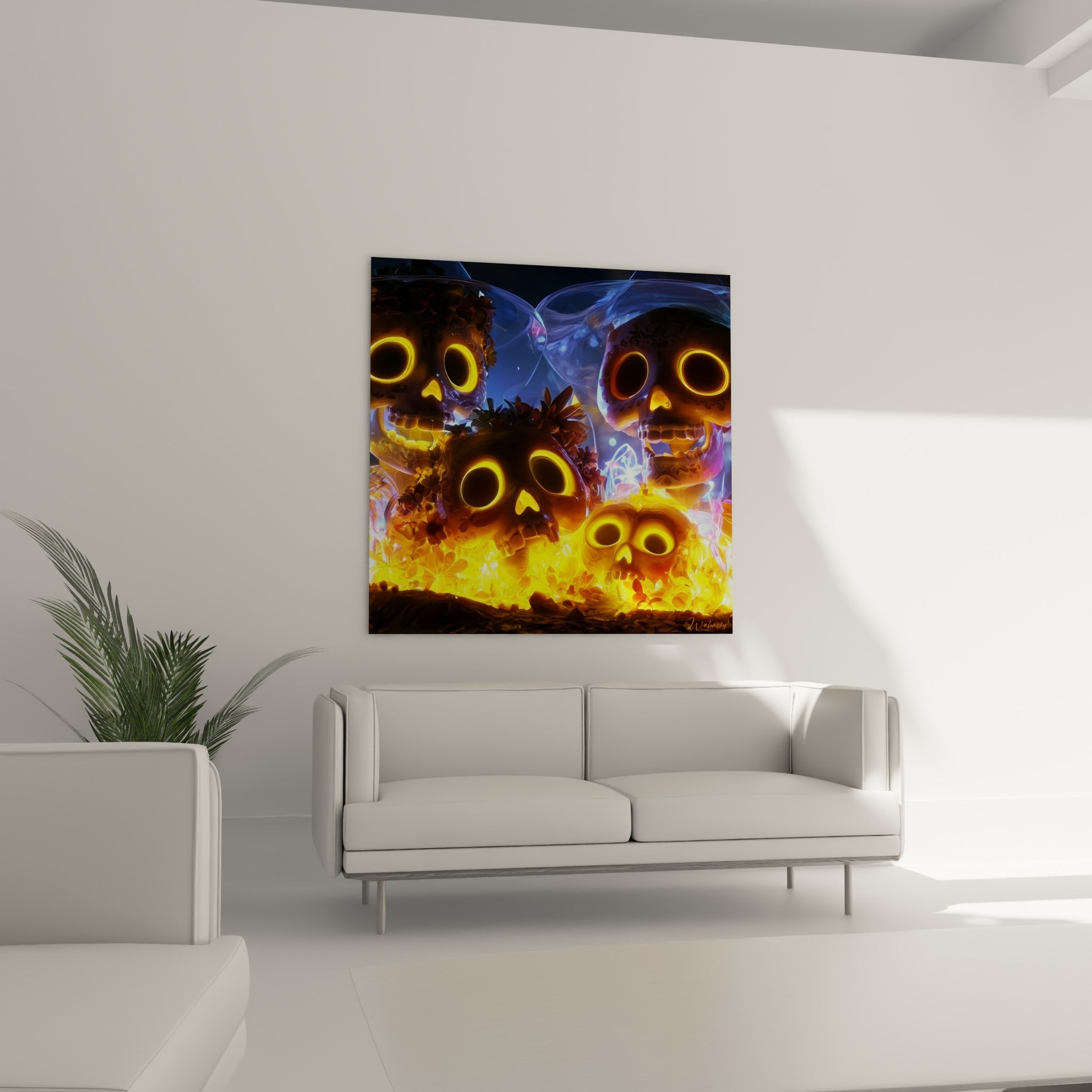Crânes lumineux Dia de los Muertos ambrés et bleu marine au-dessus d'un canapé dans un salon lumineux