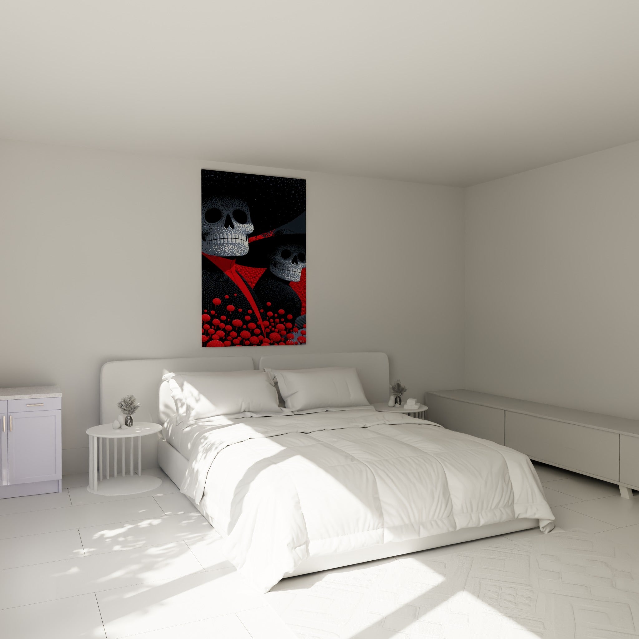 Silhouettes squelettiques rouge et noir surplombant un lit dans une chambre claire aux teintes neutres
