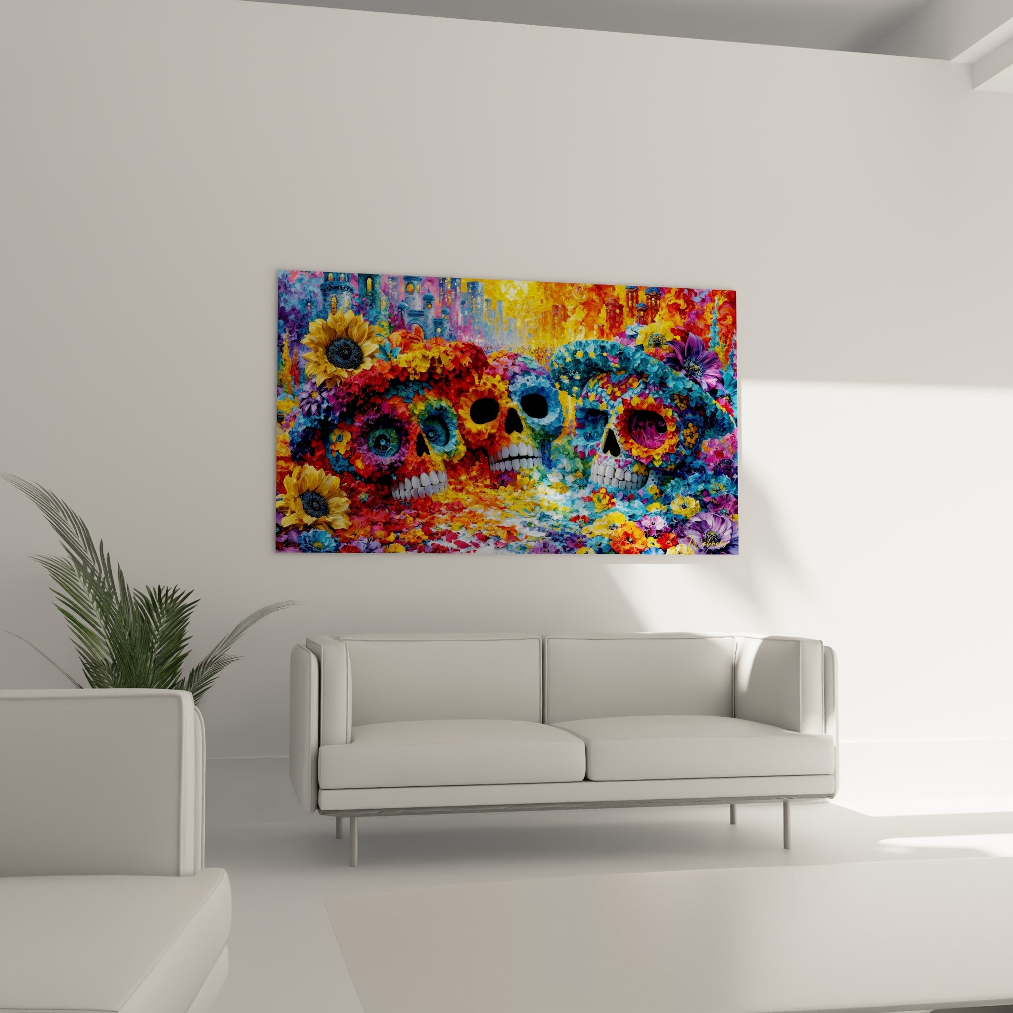 Œuvre florale du Dia de los Muertos, crânes turquoise et rouge, au-dessus d'un canapé dans un salon lumineux
