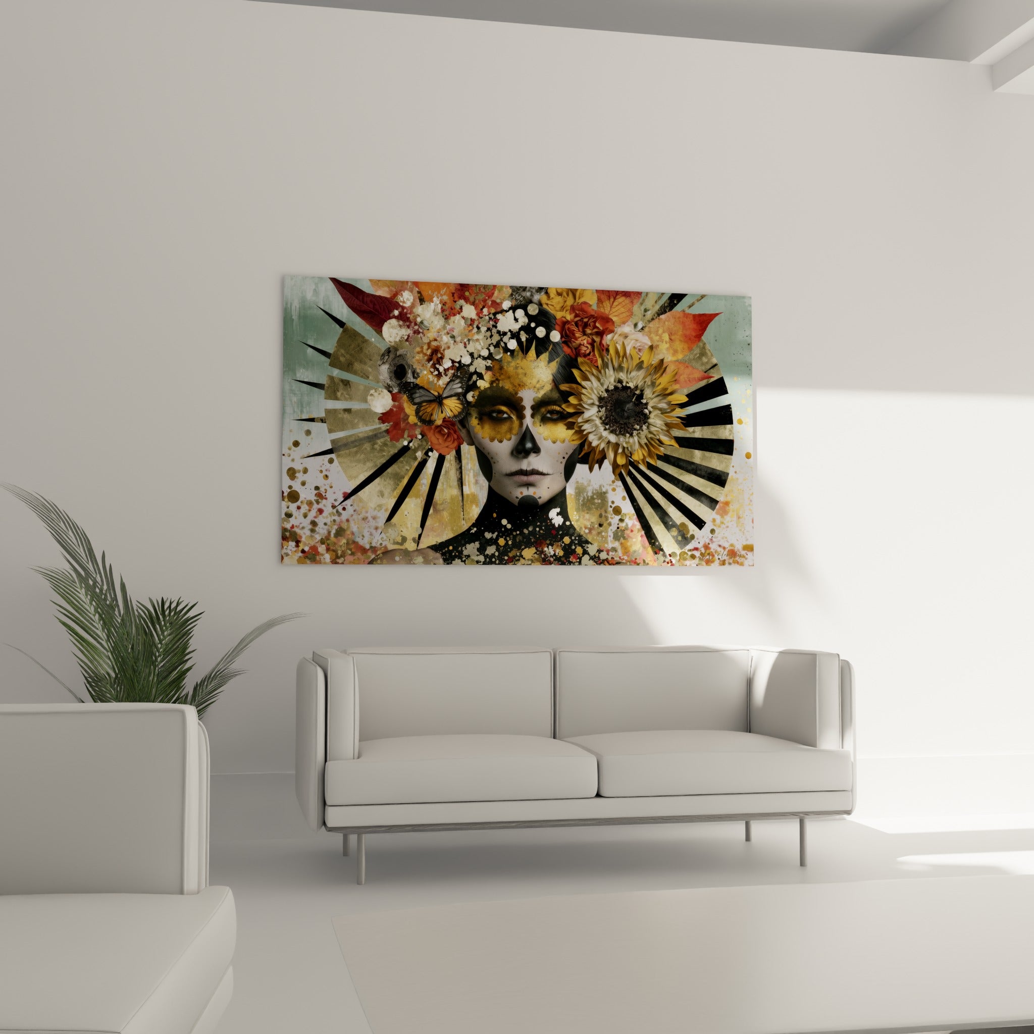 Femme peinte du Dia de los Muertos aux fleurs ocre et vert sauge, au-dessus d'un canapé dans un salon lumineux