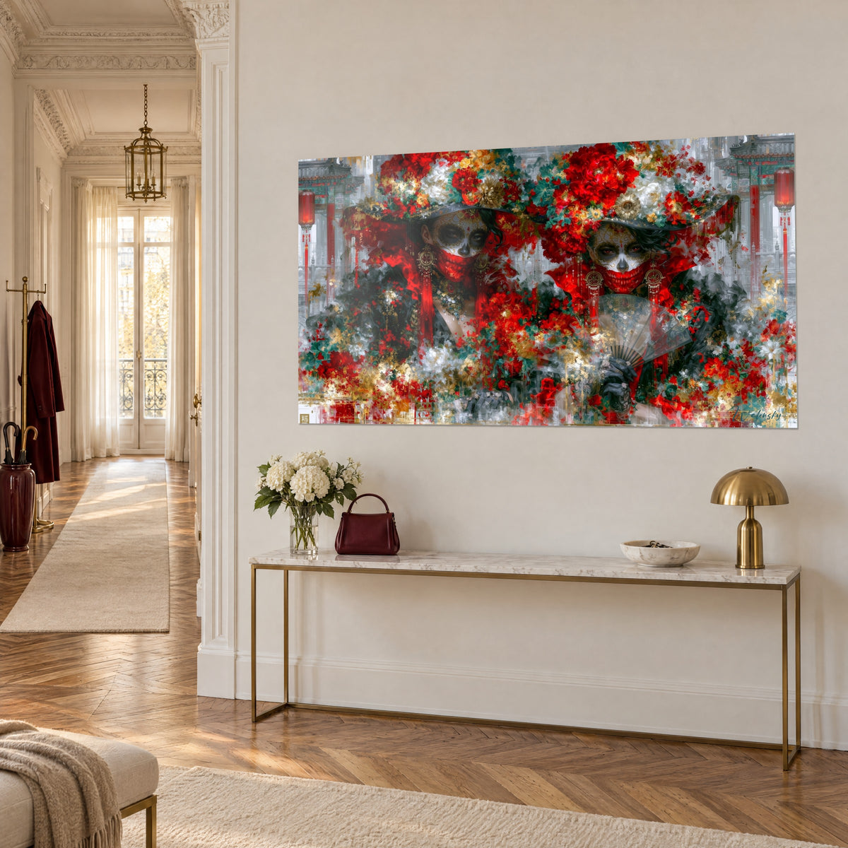 Gemälde zweier Zwillingsporträts von Catrinas mit scharlachroten Schleiern und goldweißen Blüten, Laternen im Hintergrund, Dreiviertelansicht auf eine messingfarbene Konsole