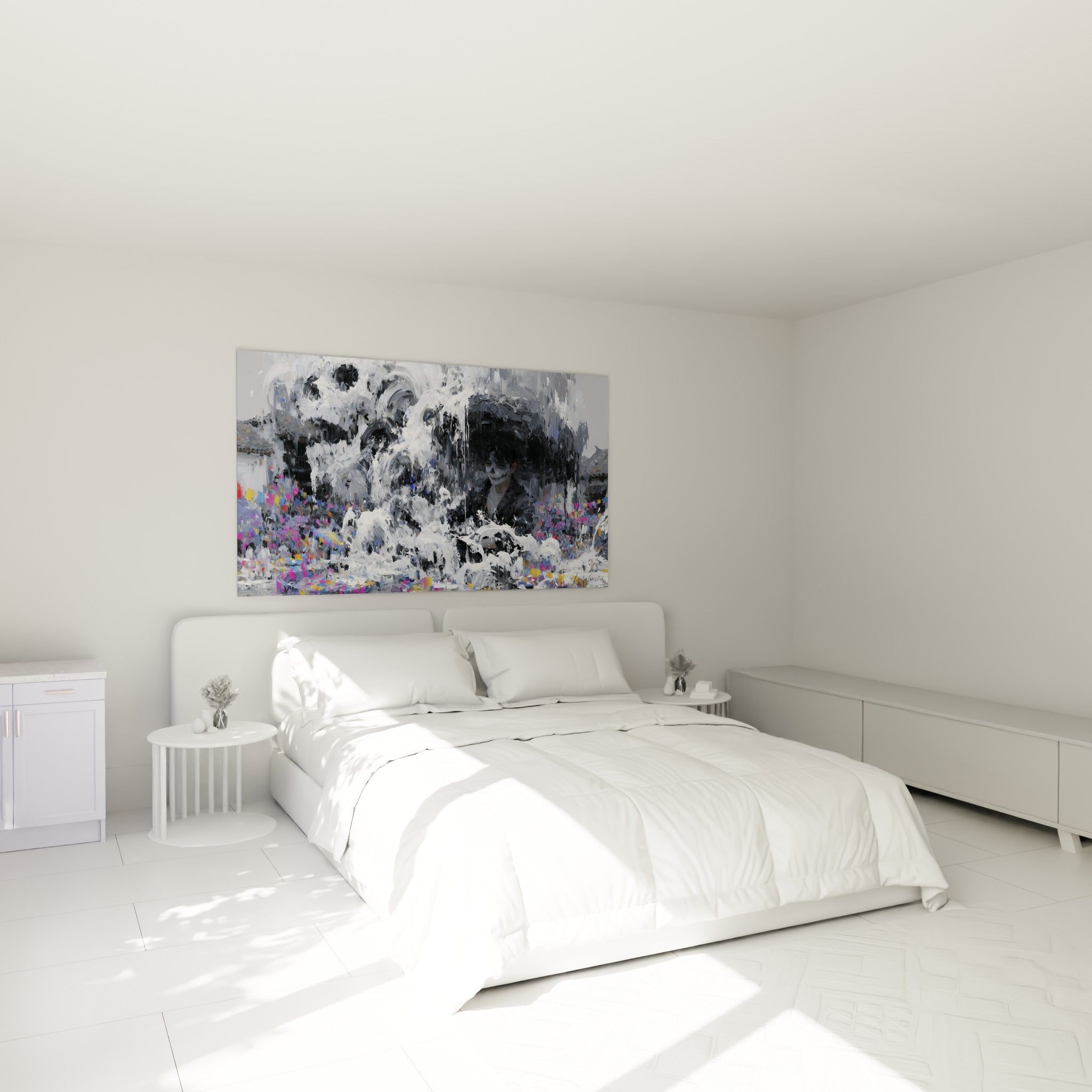 Crânes blancs coulants et visage anthracite Dia de los Muertos, au-dessus d'un lit dans une chambre claire