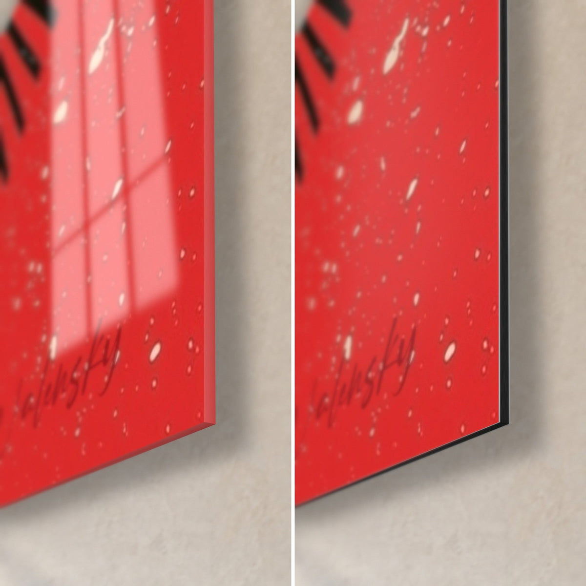 Tableau crânes maquillés sur fond rouge éclaboussé de blanc, coin bas droit, verre brillant à gauche, Dibond noir mat à droite