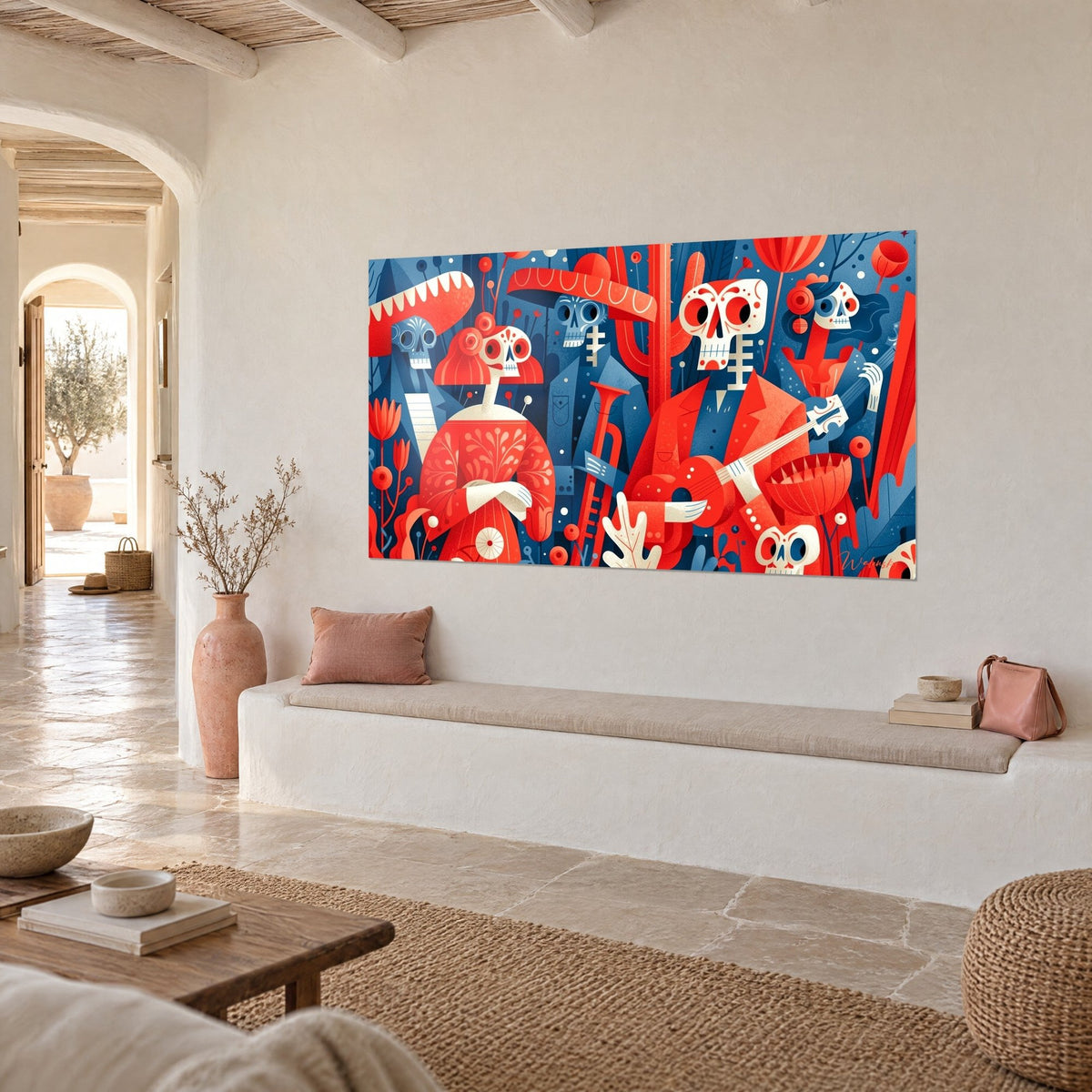 Wall art calavera mariachi band with red sombrero, midnight blue and coral background, hung in a living room with lime-washed walls