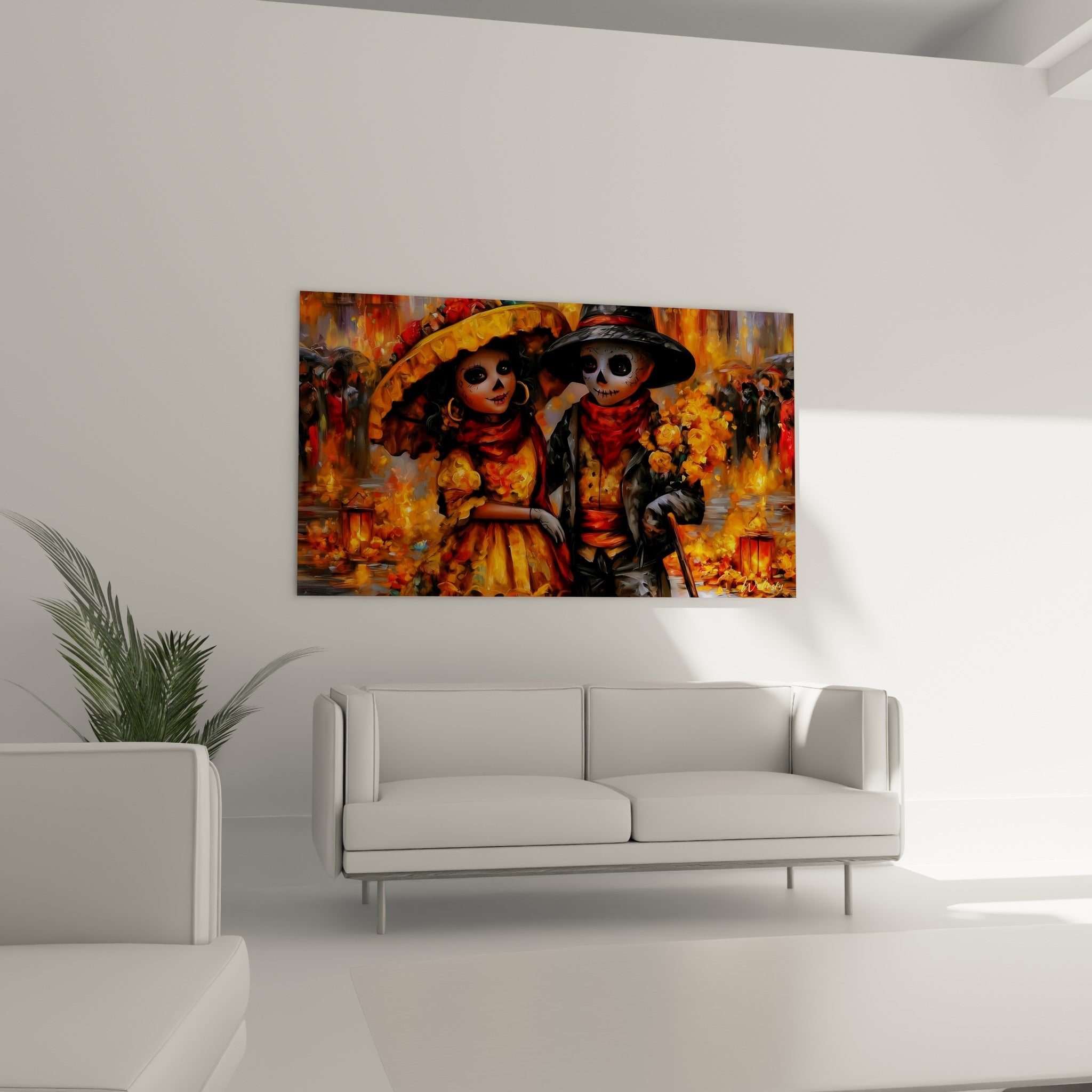 Personnages dorés et anthracite du Dia de los Muertos au-dessus d'un canapé dans un salon lumineux