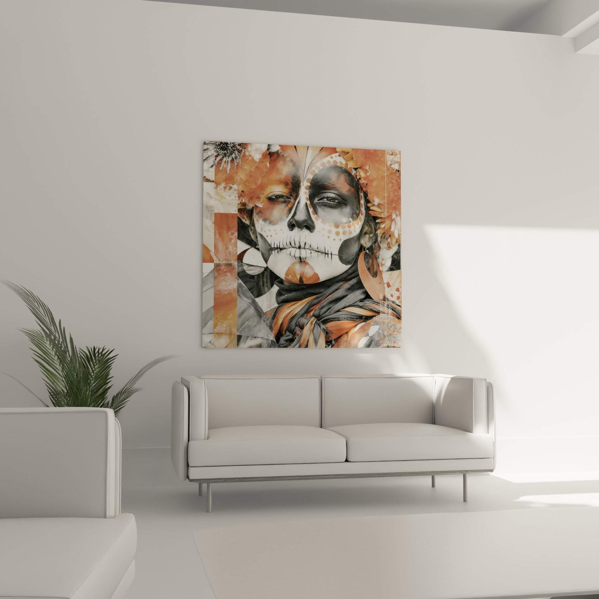 Visage grimé Dia de los Muertos anthracite et cuivré placé au-dessus d'un canapé dans un salon lumineux