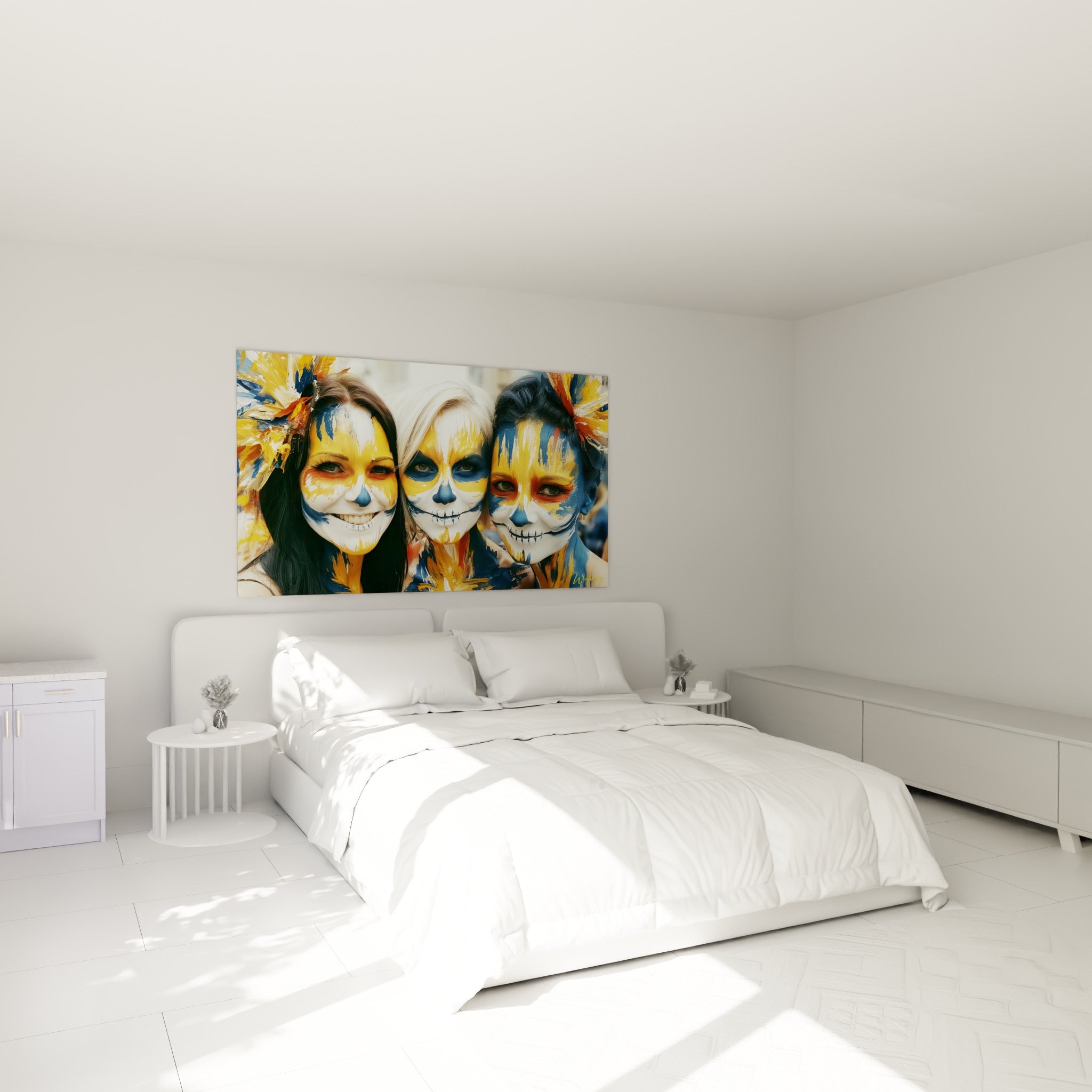 Visages Dia de los Muertos ocre et bleu marine accrochés au-dessus d'un lit dans une chambre claire