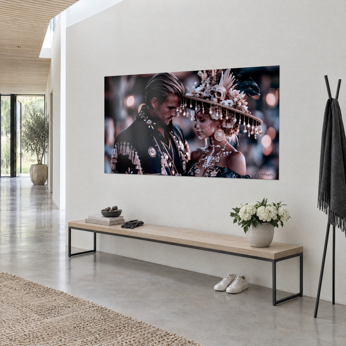 Wall art blond gentleman leaning toward his partner whose face is adorned with white lace, black jacket and blush fringes, three-quarter view