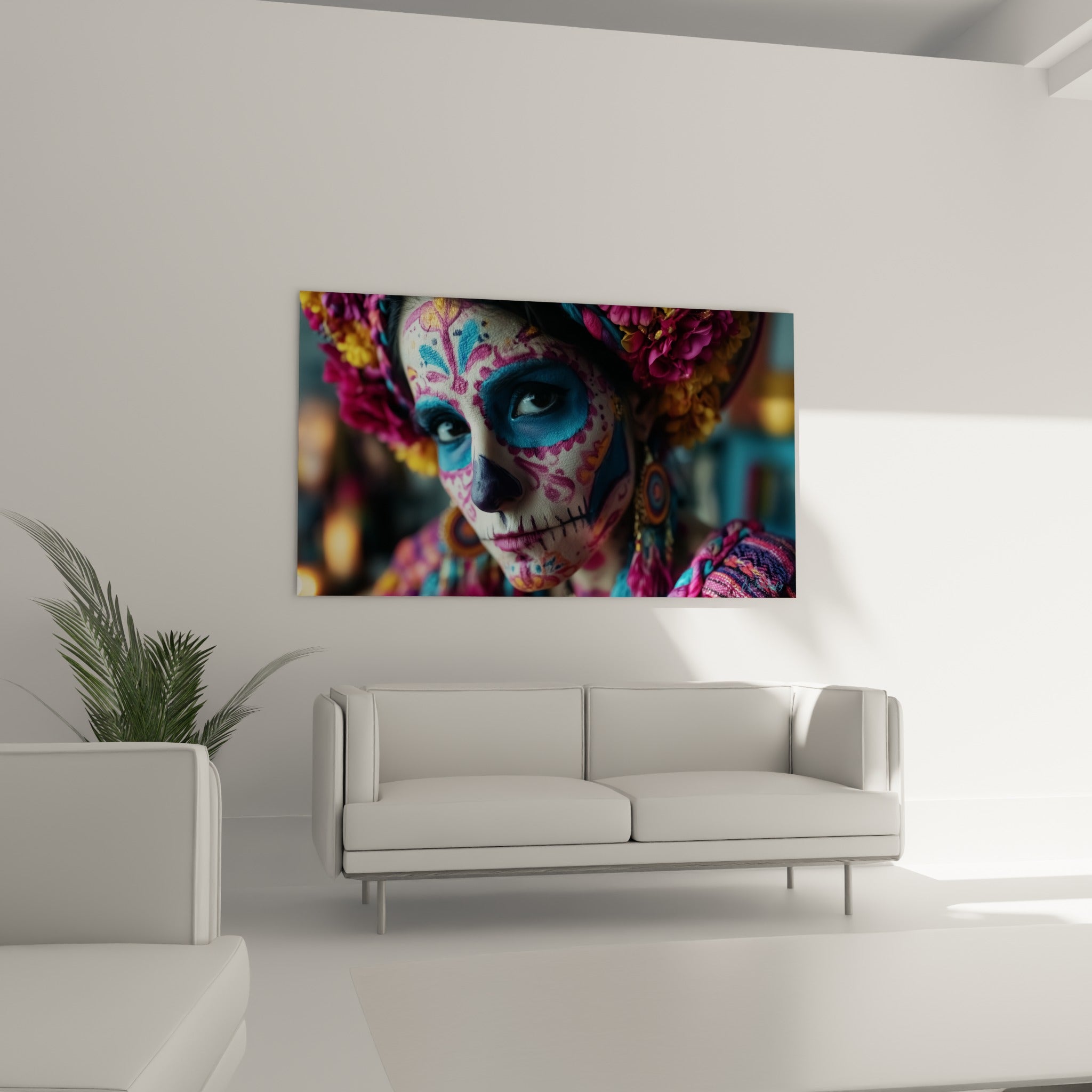 Maquillage traditionnel rose fuchsia et bleu accroché au-dessus d'un canapé dans un salon lumineux