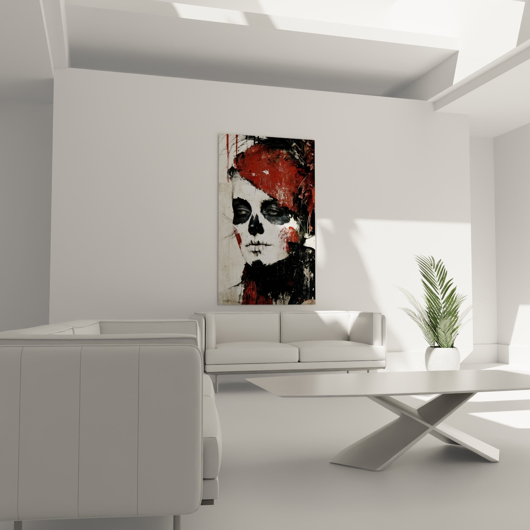 Maquillage funéraire noir et terracotta orne ce portrait, suspendu au-dessus d'un canapé dans un salon lumineux