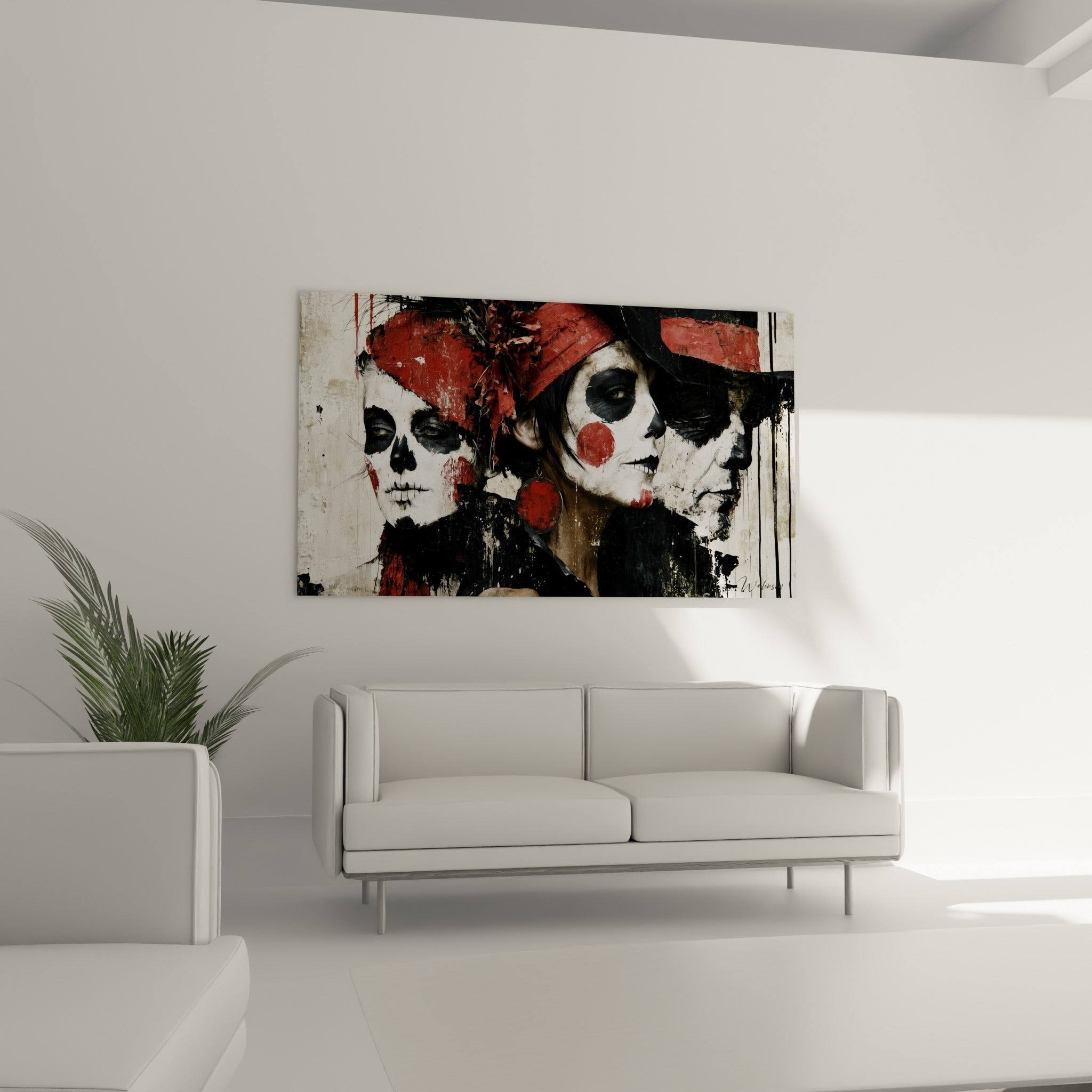 Portrait triple au maquillage funéraire rouge vermillon et noir anthracite, au-dessus d'un canapé dans un salon lumineux