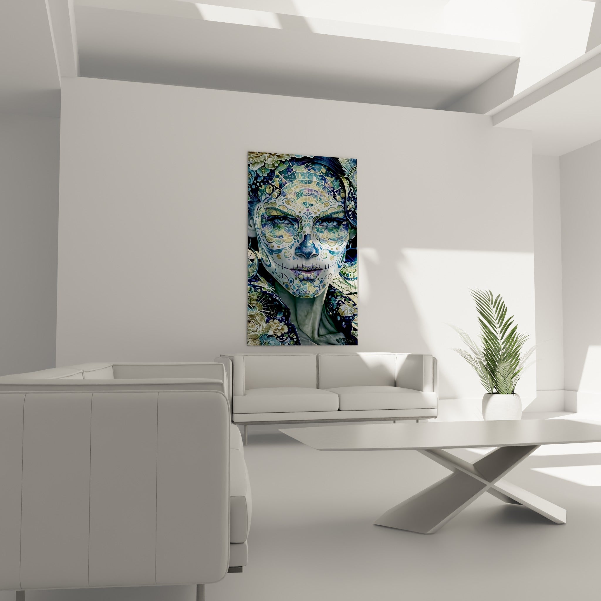 Maquillage Dia de los Muertos orné de fleurs blanches et bleutées au-dessus d'un canapé dans un salon lumineux