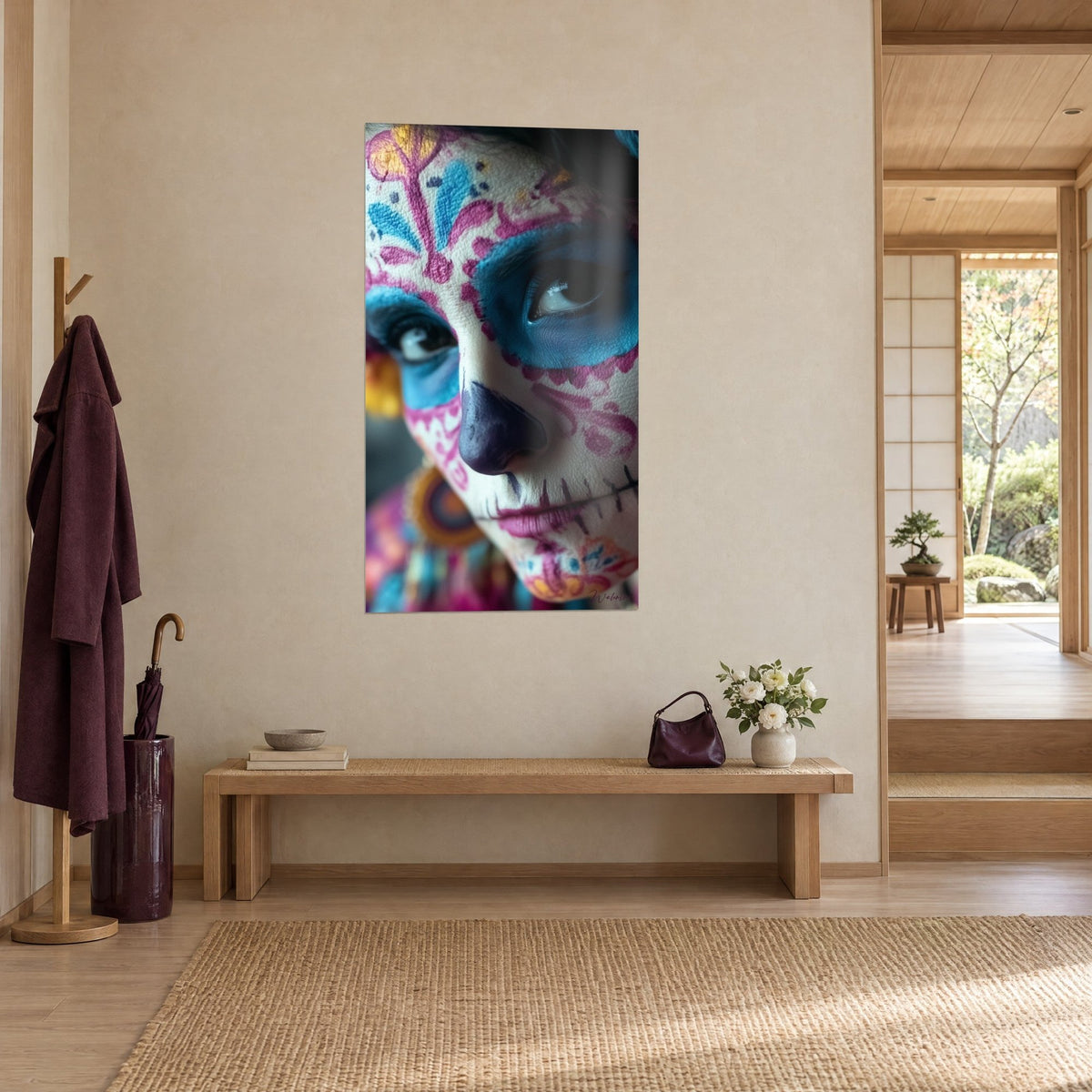 Quadro ritratto di Catrina con punti di sutura dipinti, occhio contornato di turchese e fiori fucsia, parete color crema, vista di tre quarti