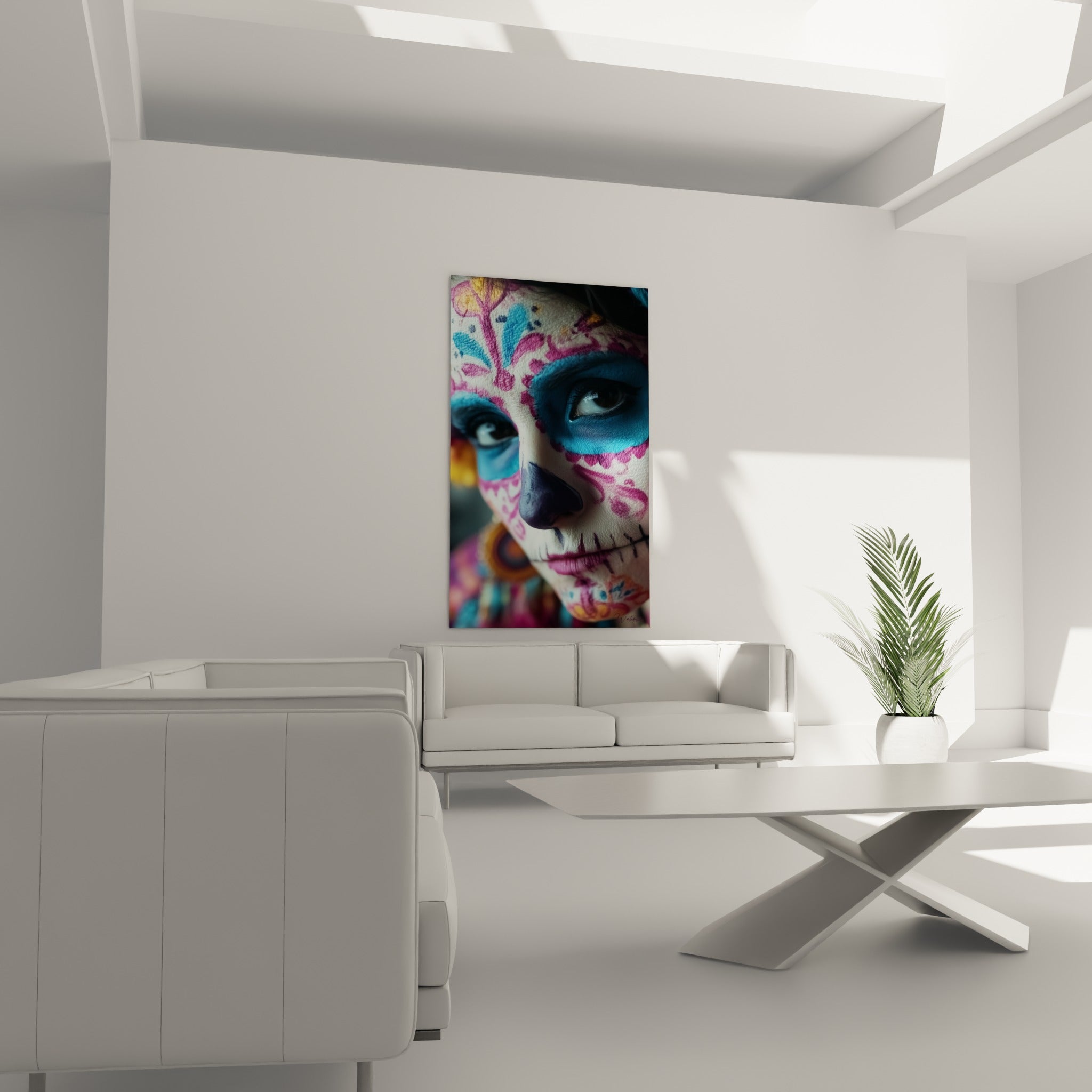 Maquillage rituel Dia de los Muertos en bleu et rose vif au-dessus d'un canapé dans un salon lumineux