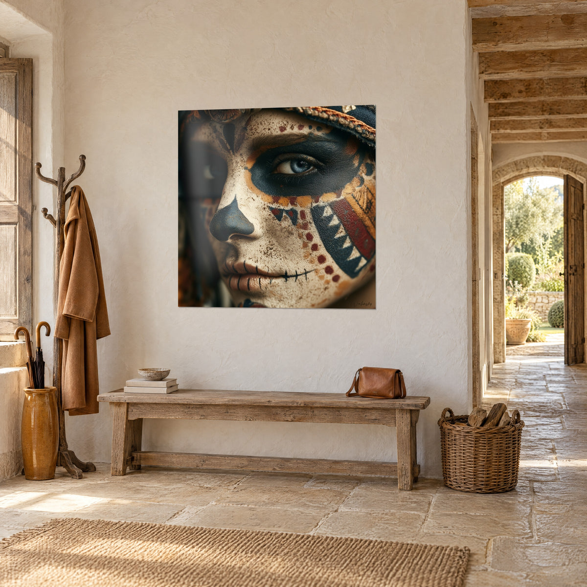 Πίνακας ζωγραφισμένο πορτρέτο calavera, ανθρακί μύτη και ρόμβοι σκουριάς σε κρεμ φόντο, πέτρινος τοίχος και ξύλινο παγκάκι, εξοχικό σπίτι