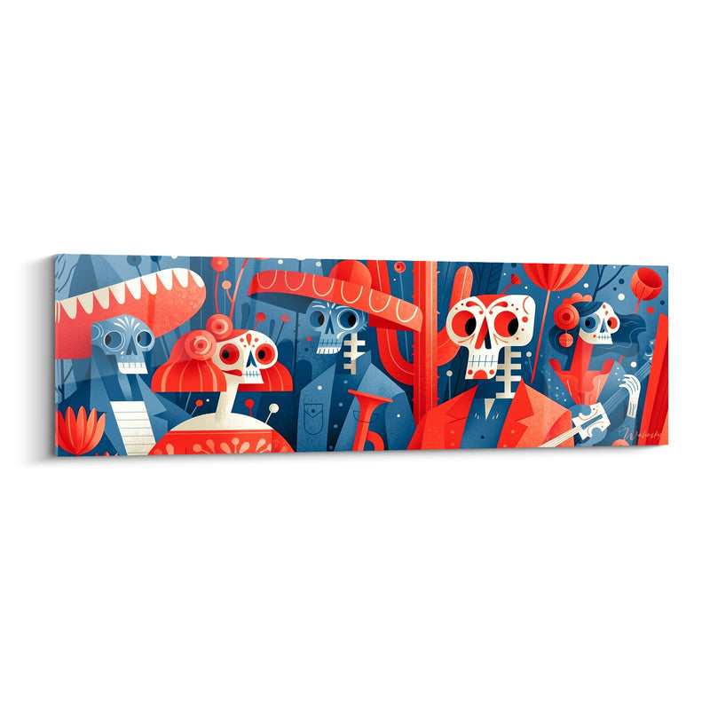 Tableau Squelettes mariachis bleu et rouge - Fanfare des ombres - Edition Dia de los Muertos