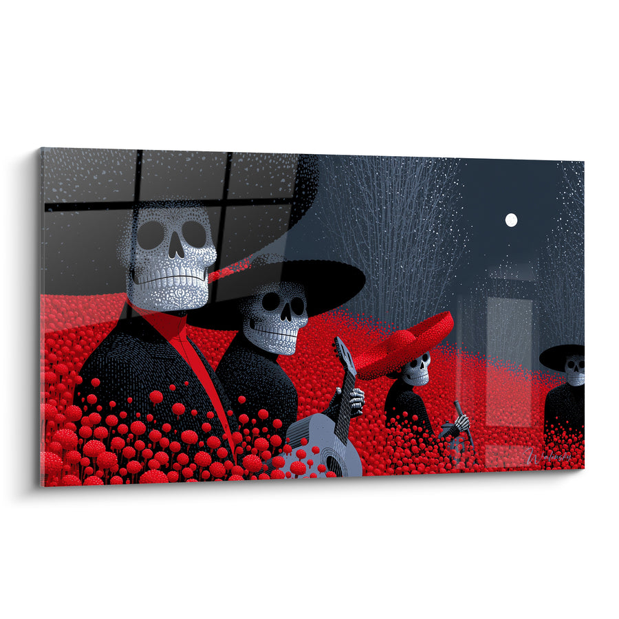 Tableau Squelettes mariachis noir et rouge - Sérénade des ombres - Edition Dia de los Muertos