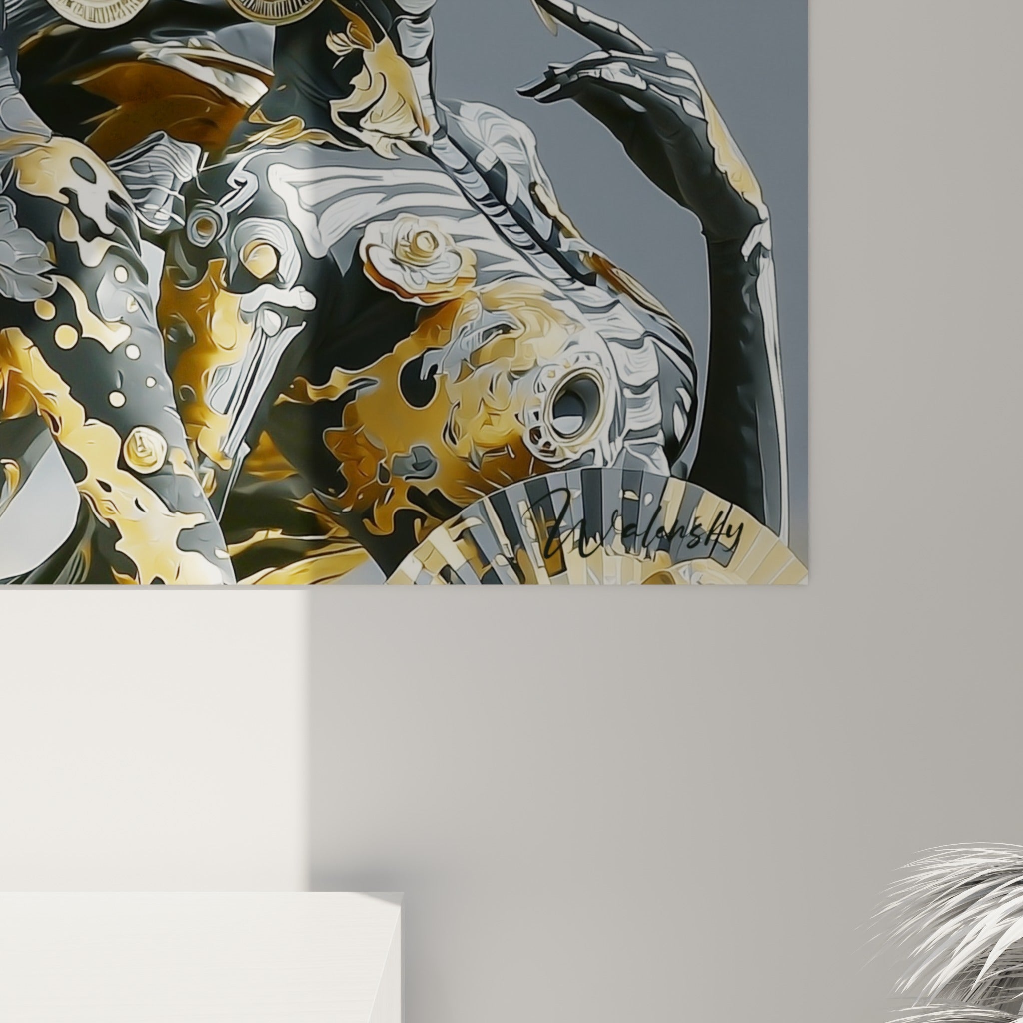 Empâtements dorés et gris se mêlant sur les crânes fleuris, grain métallique visible en gros plan sur l'impression