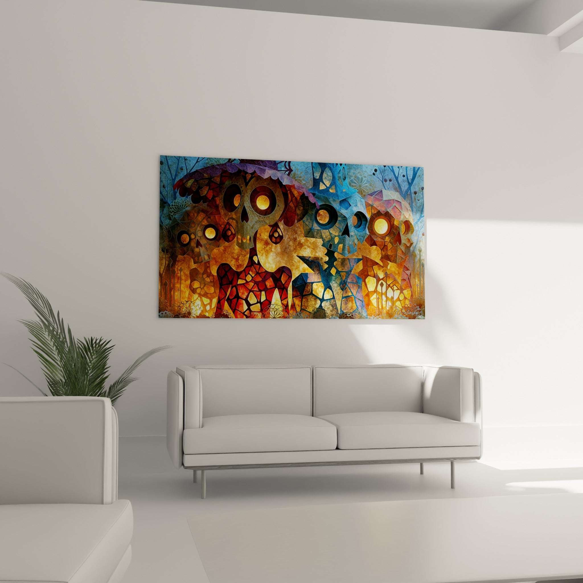 Motifs Dia de los Muertos dorés et bleu profond suspendus au-dessus d'un canapé dans un salon lumineux