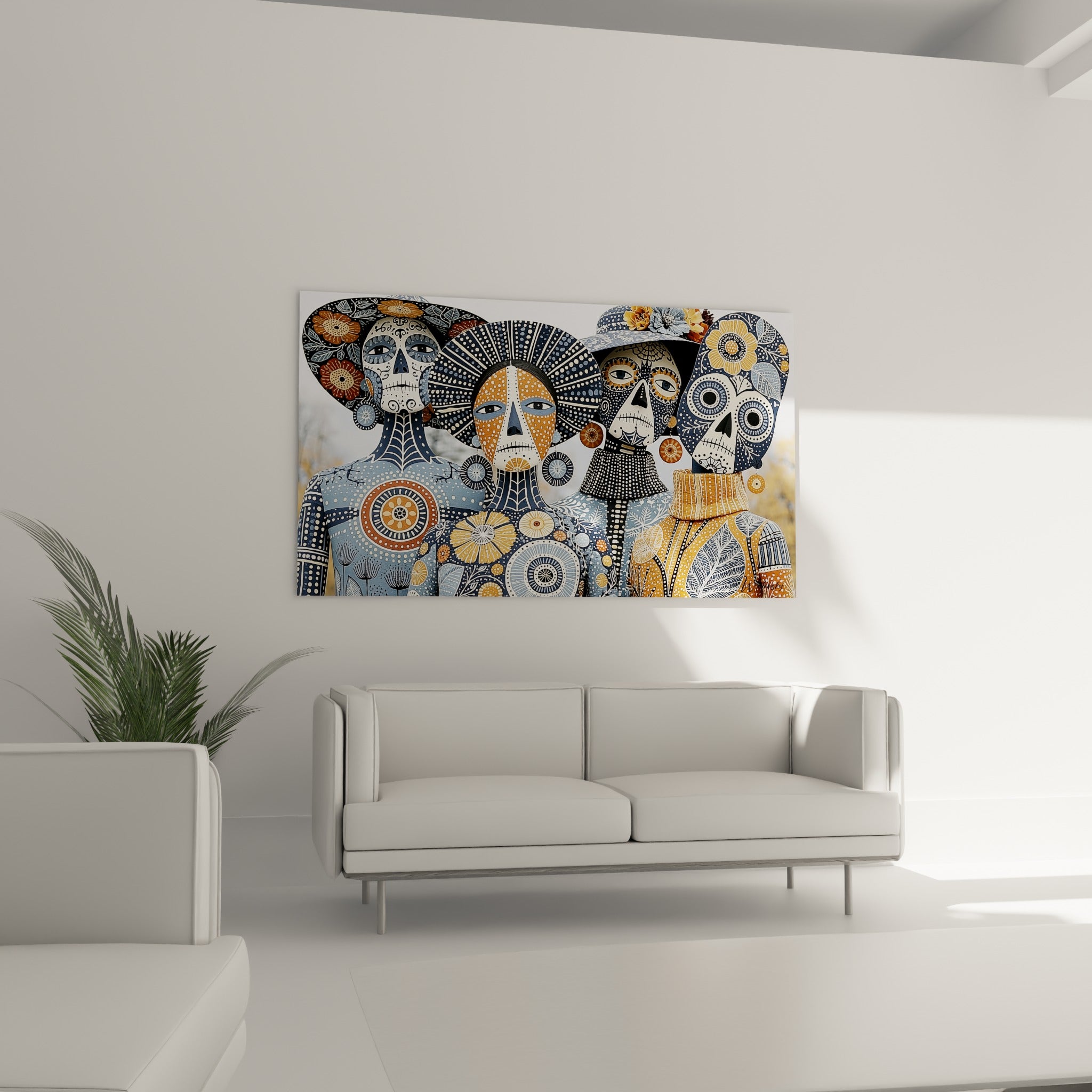 Crânes peints Dia de los Muertos bleu et doré au-dessus d'un canapé dans un salon lumineux