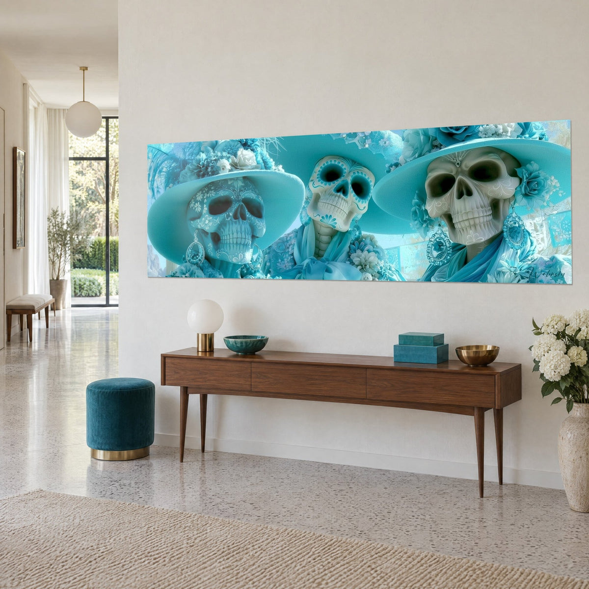 Wall art procession of calaveras in wide glacier-blue hats and ornate earrings, on a walnut wood console